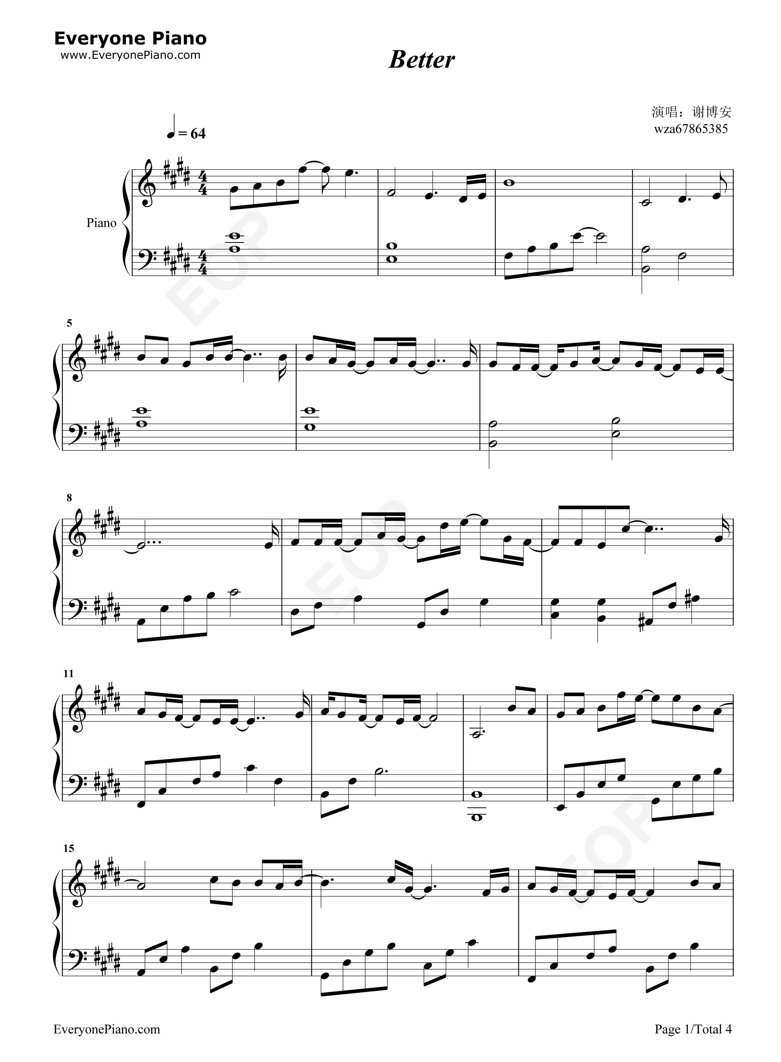 Better钢琴谱_谢博安