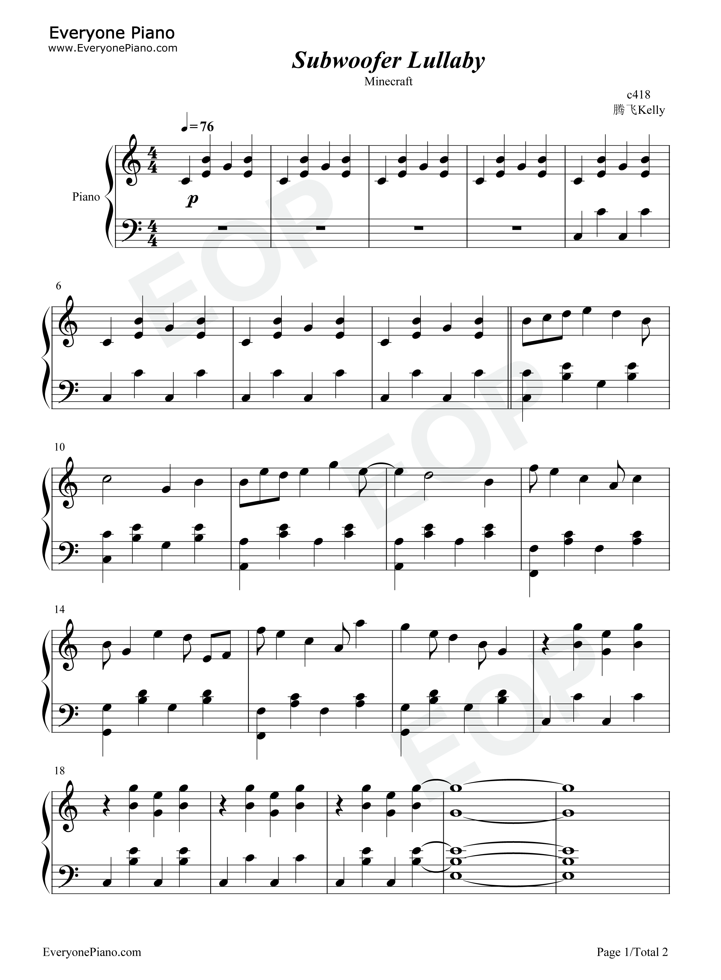 Subwoofer_Lullaby钢琴谱_C418
