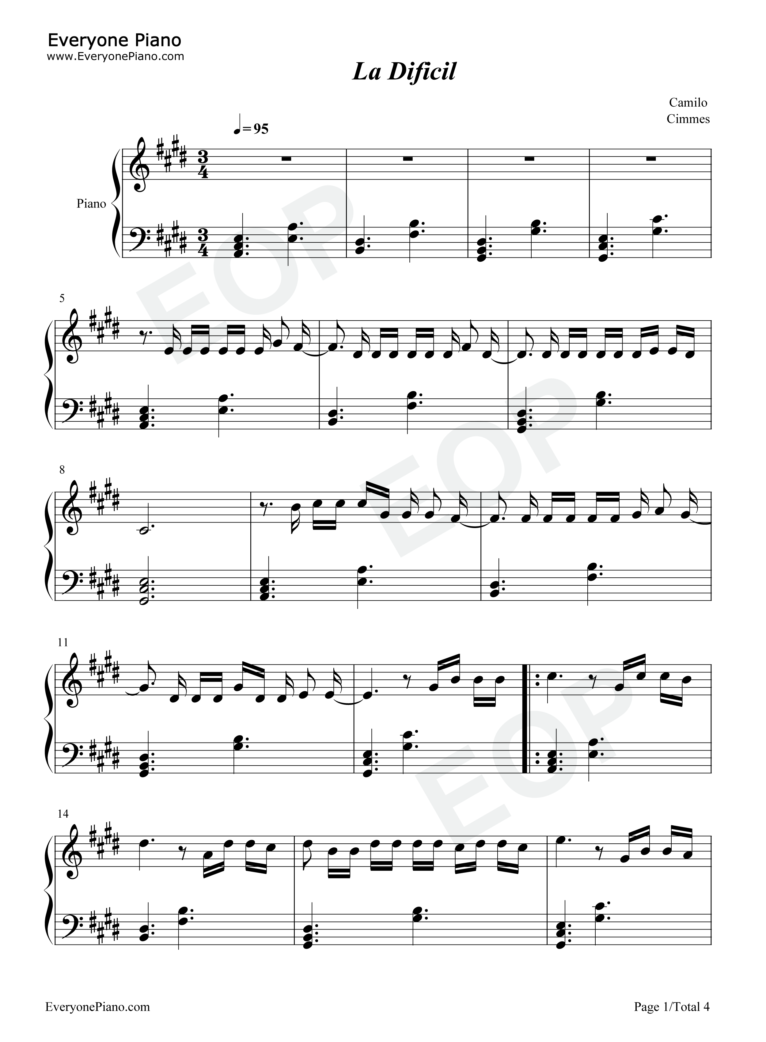 La_Difícil钢琴谱_Camilo
