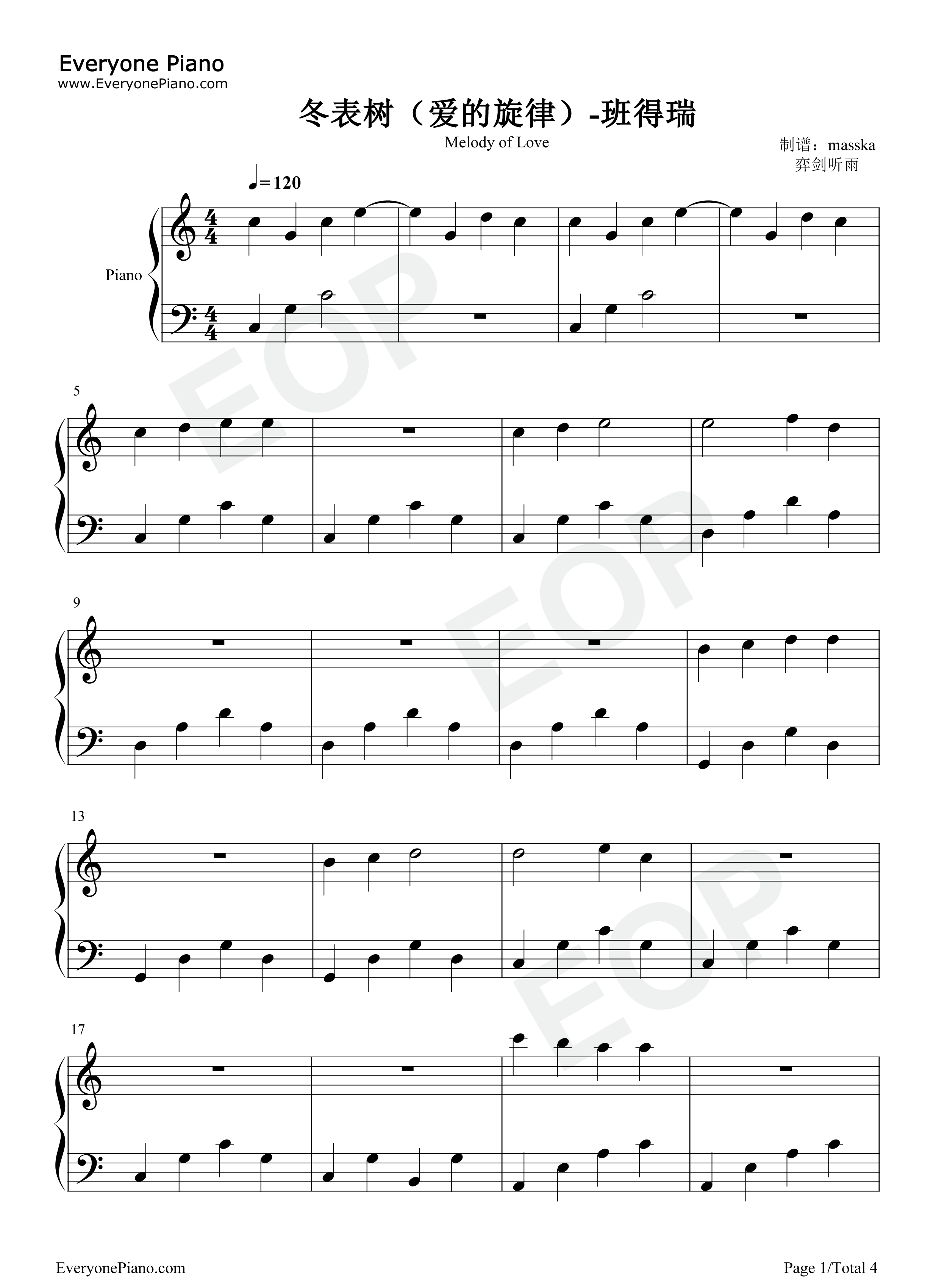 冬表树钢琴谱_班得瑞