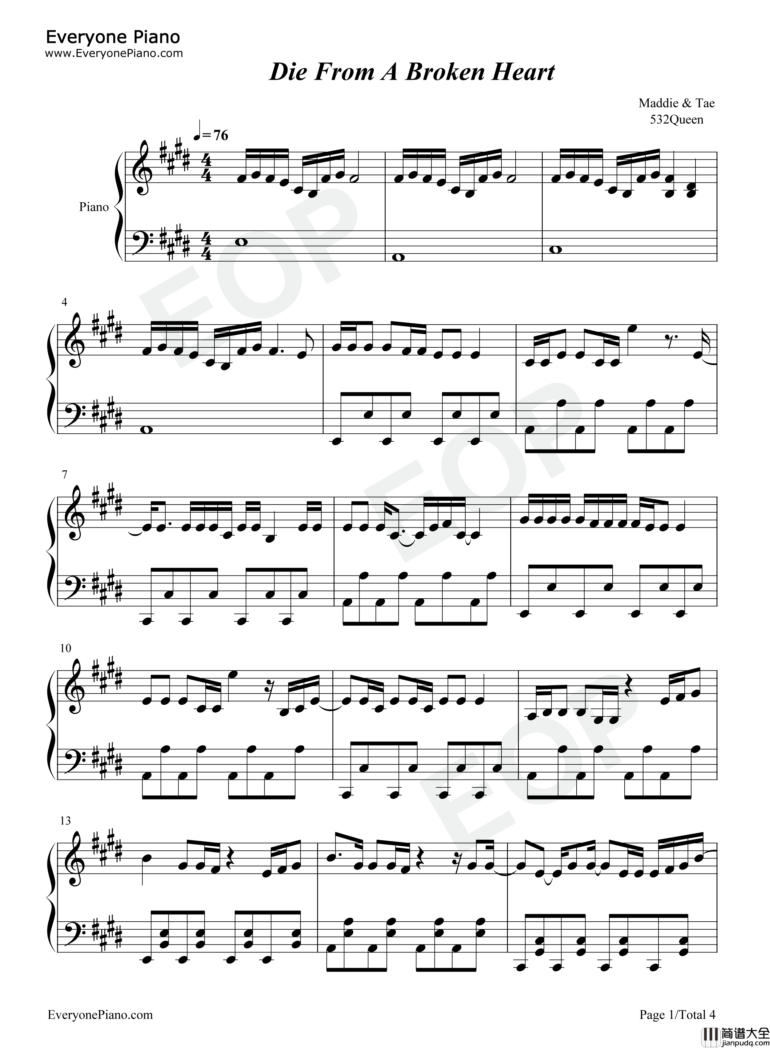 Die_from_a_Broken_Heart钢琴谱_Maddie_&_Tae