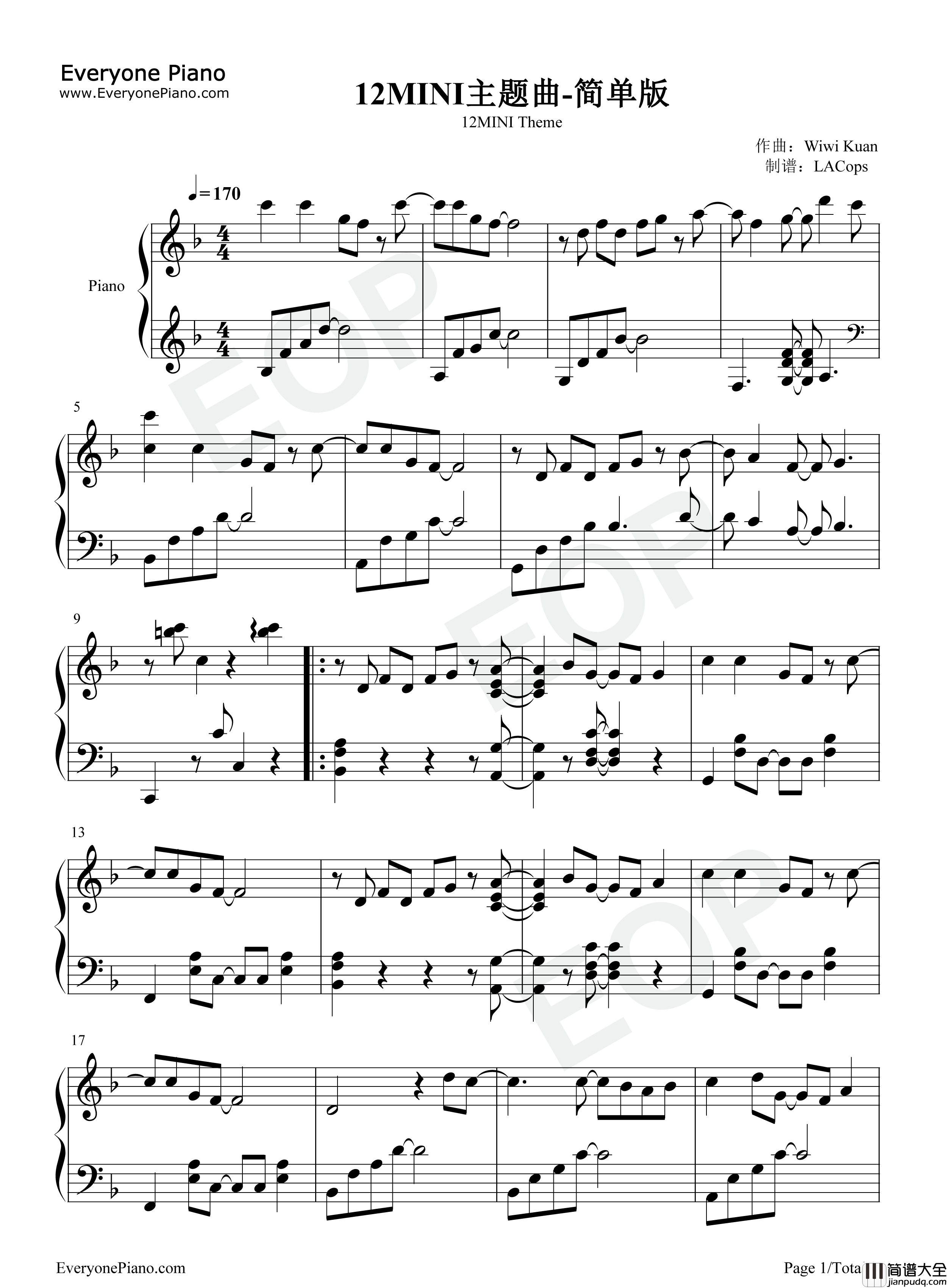 12MINI主题曲钢琴谱_Wiwi_Kuan