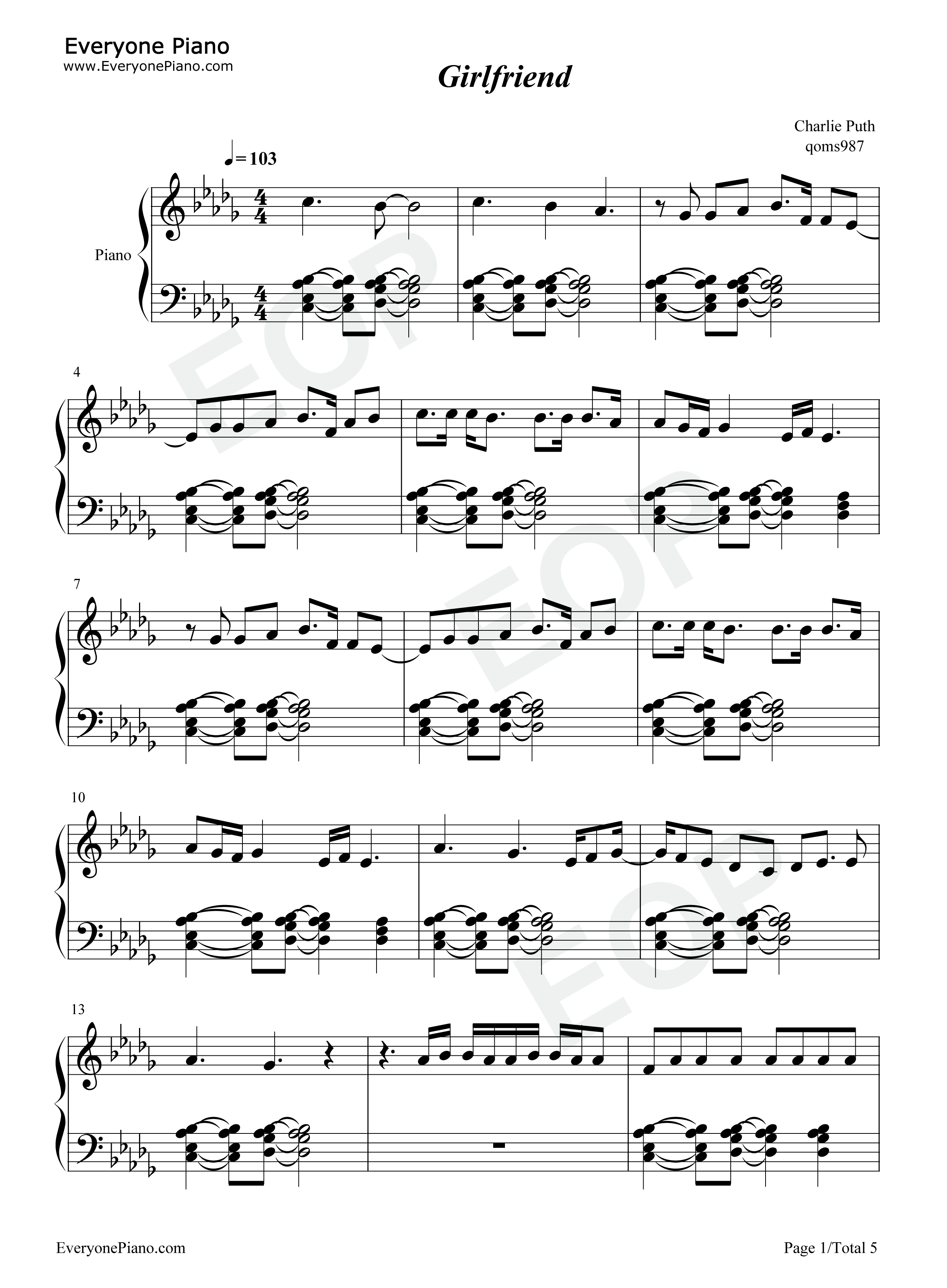 Girlfriend钢琴谱_Charlie_Puth