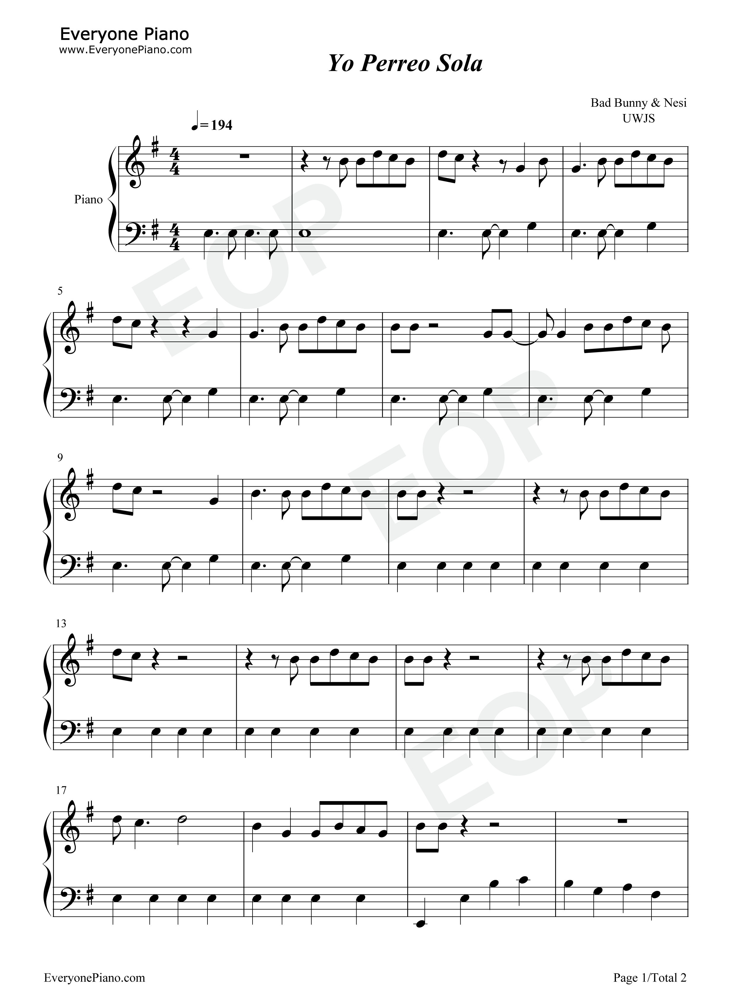 Yo_Perreo_Sola钢琴谱_Bad_Bunny