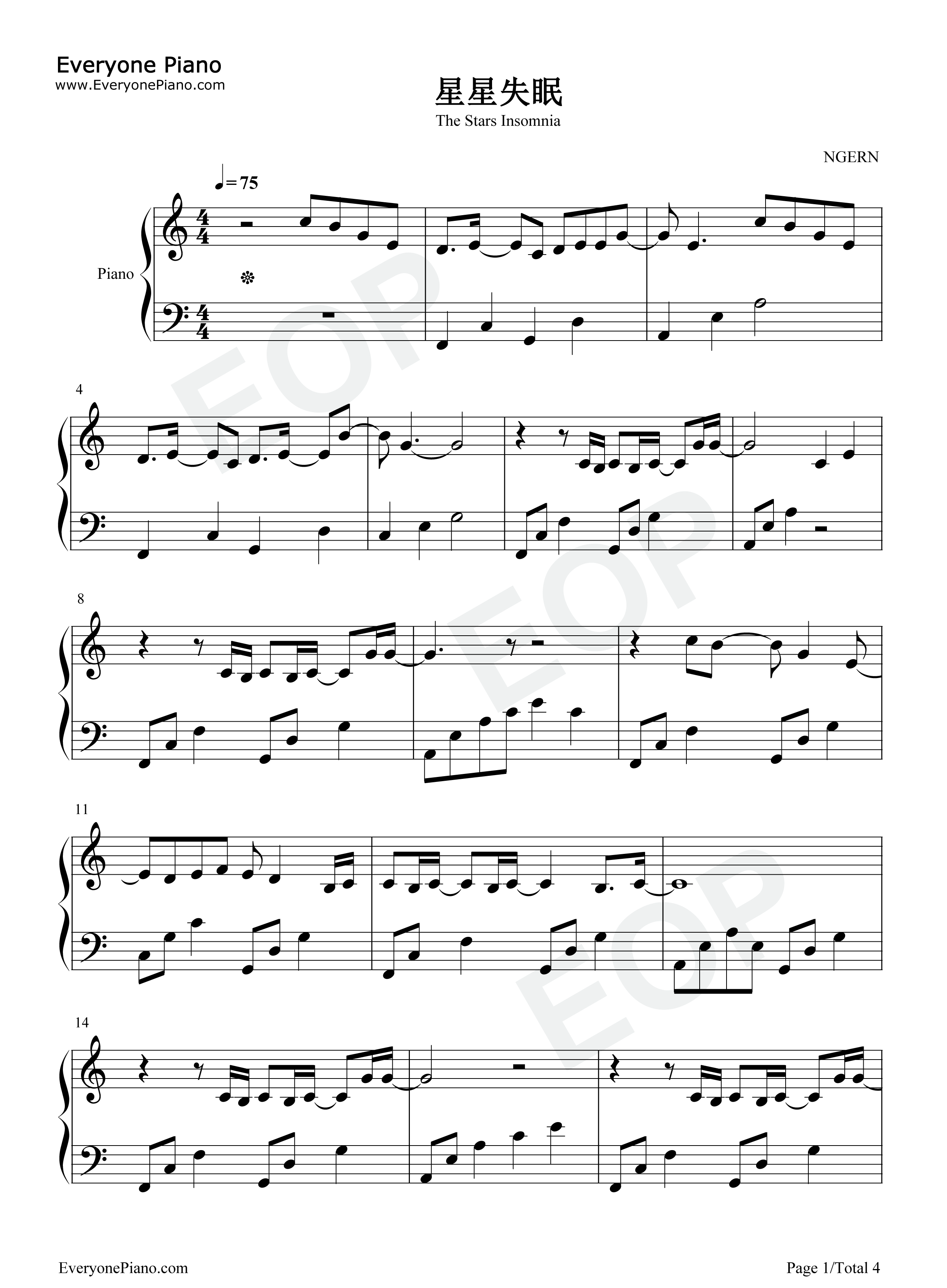 星星失眠钢琴谱_哈利Halleeee