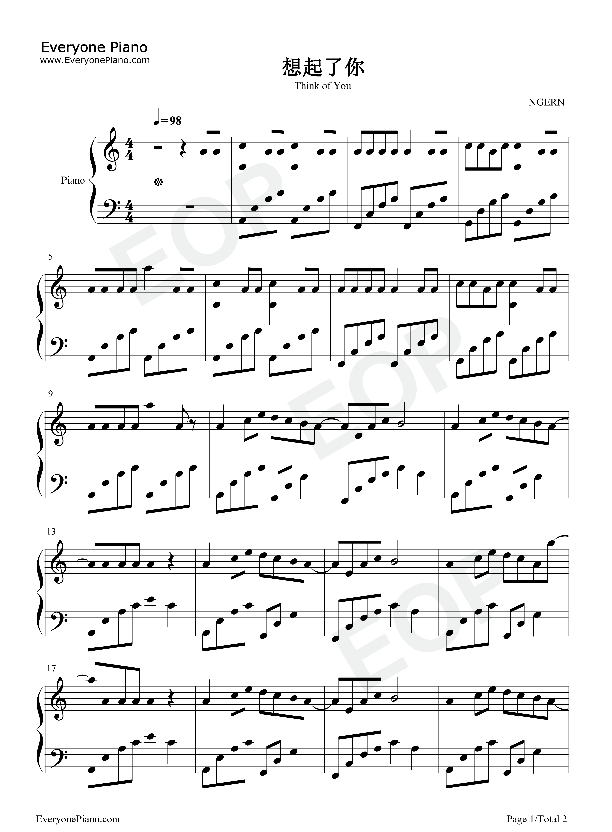 想起了你钢琴谱_程响