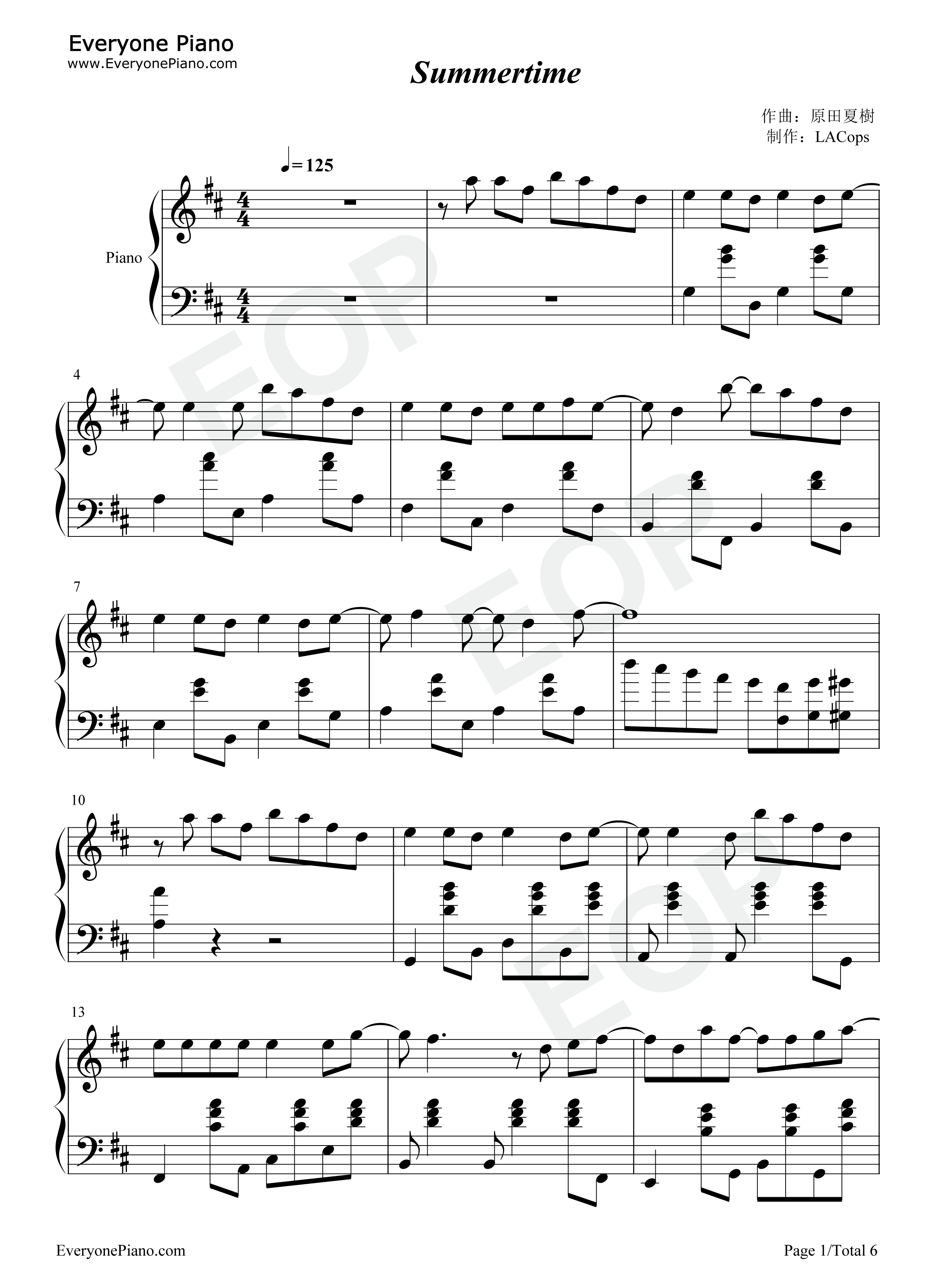 Summertime钢琴谱_cinnamons