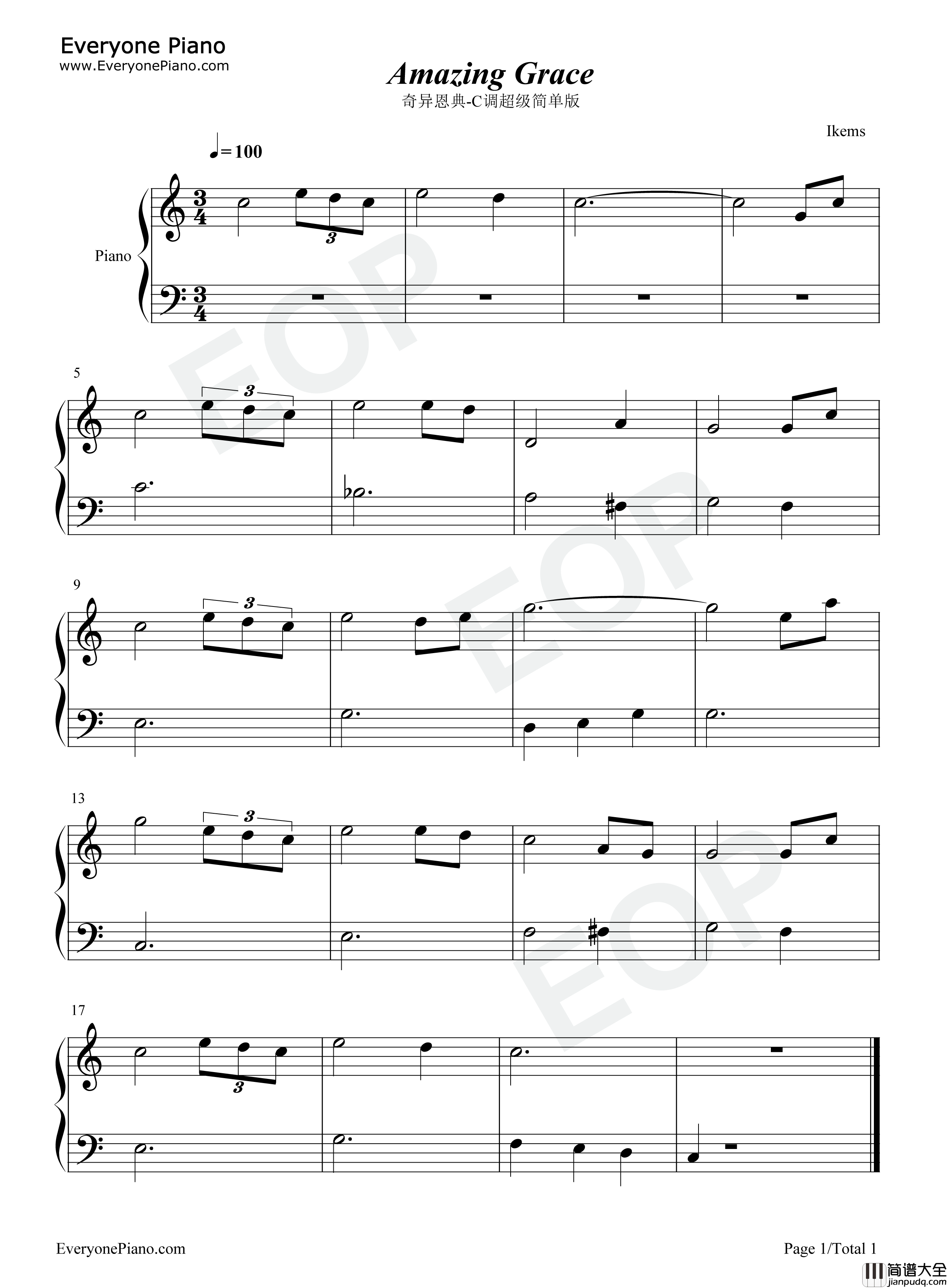 奇异恩典钢琴谱_John_Newton