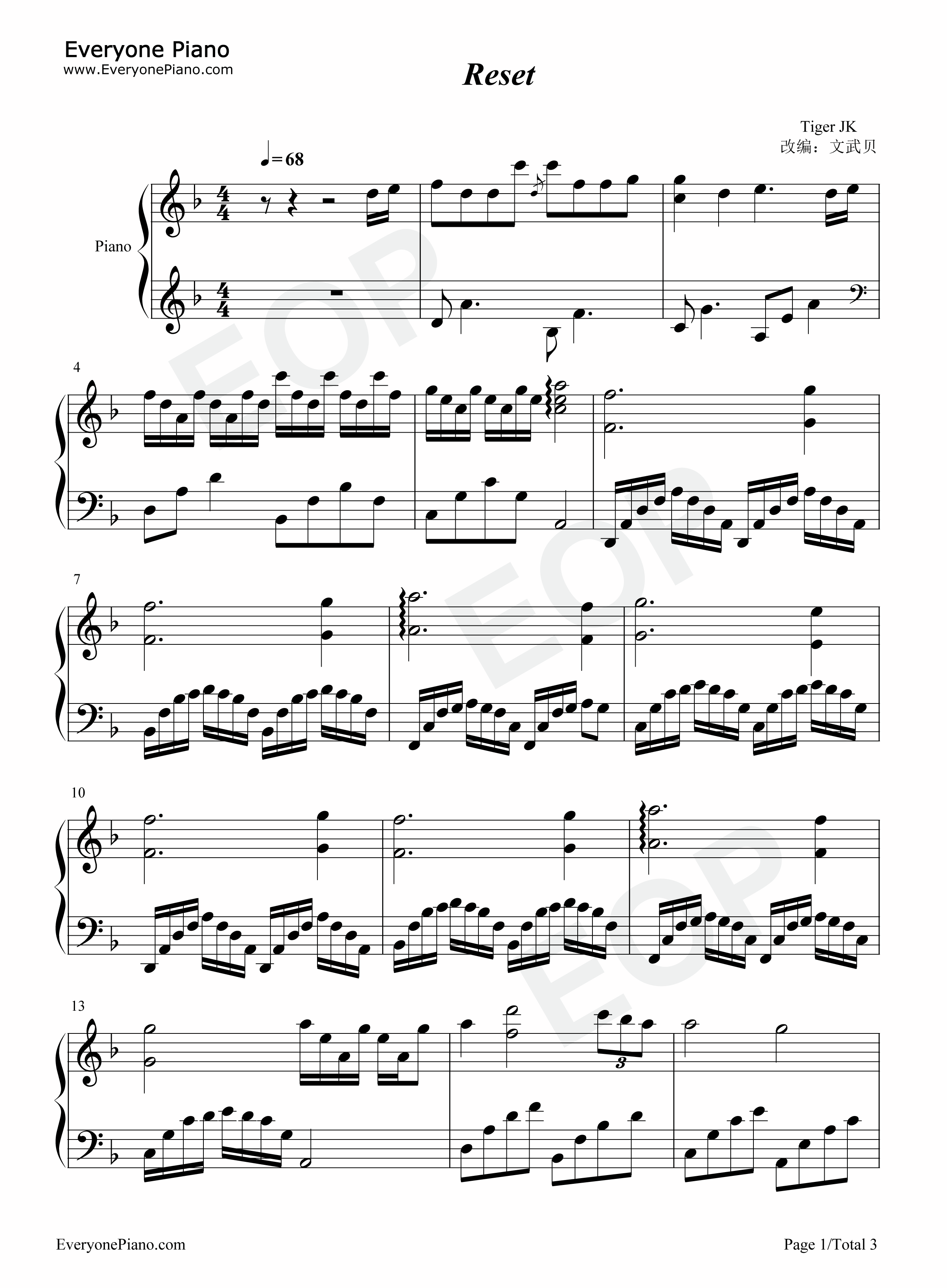 Reset钢琴谱_Tiger_JK
