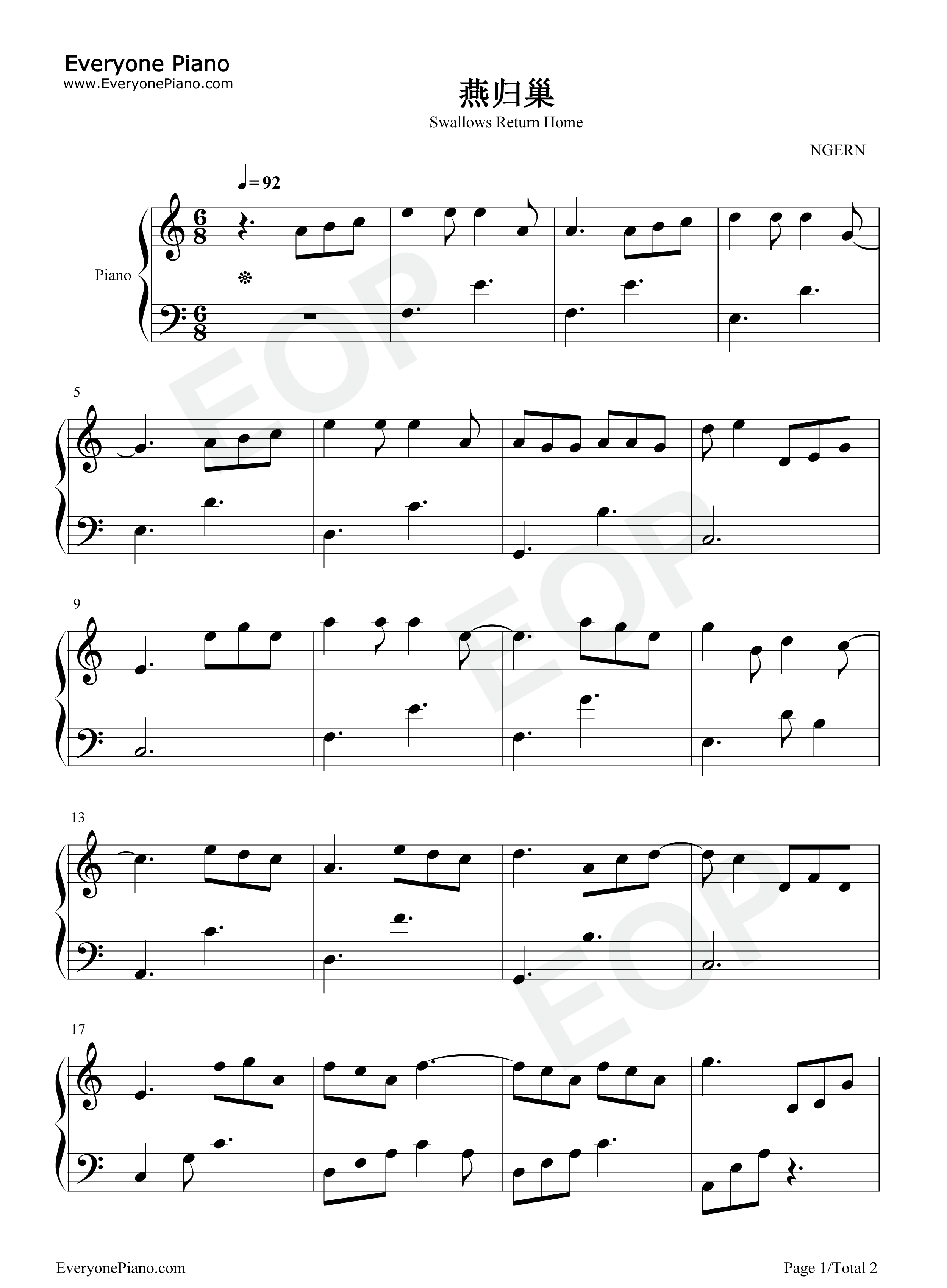 燕归巢钢琴谱_张靓颖_张杰_许嵩