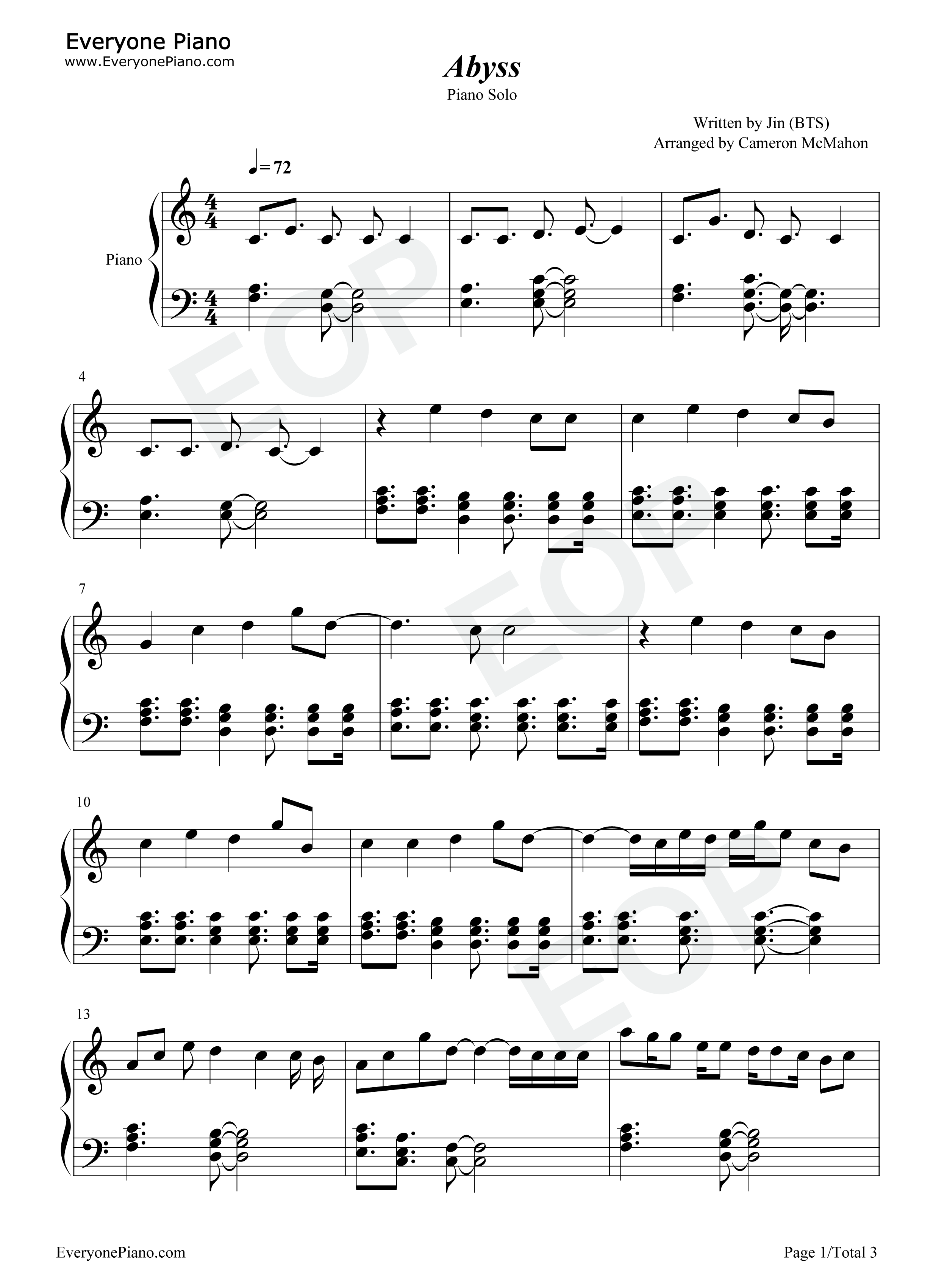 Abyss钢琴谱_金硕珍_Jin_防弹少年团