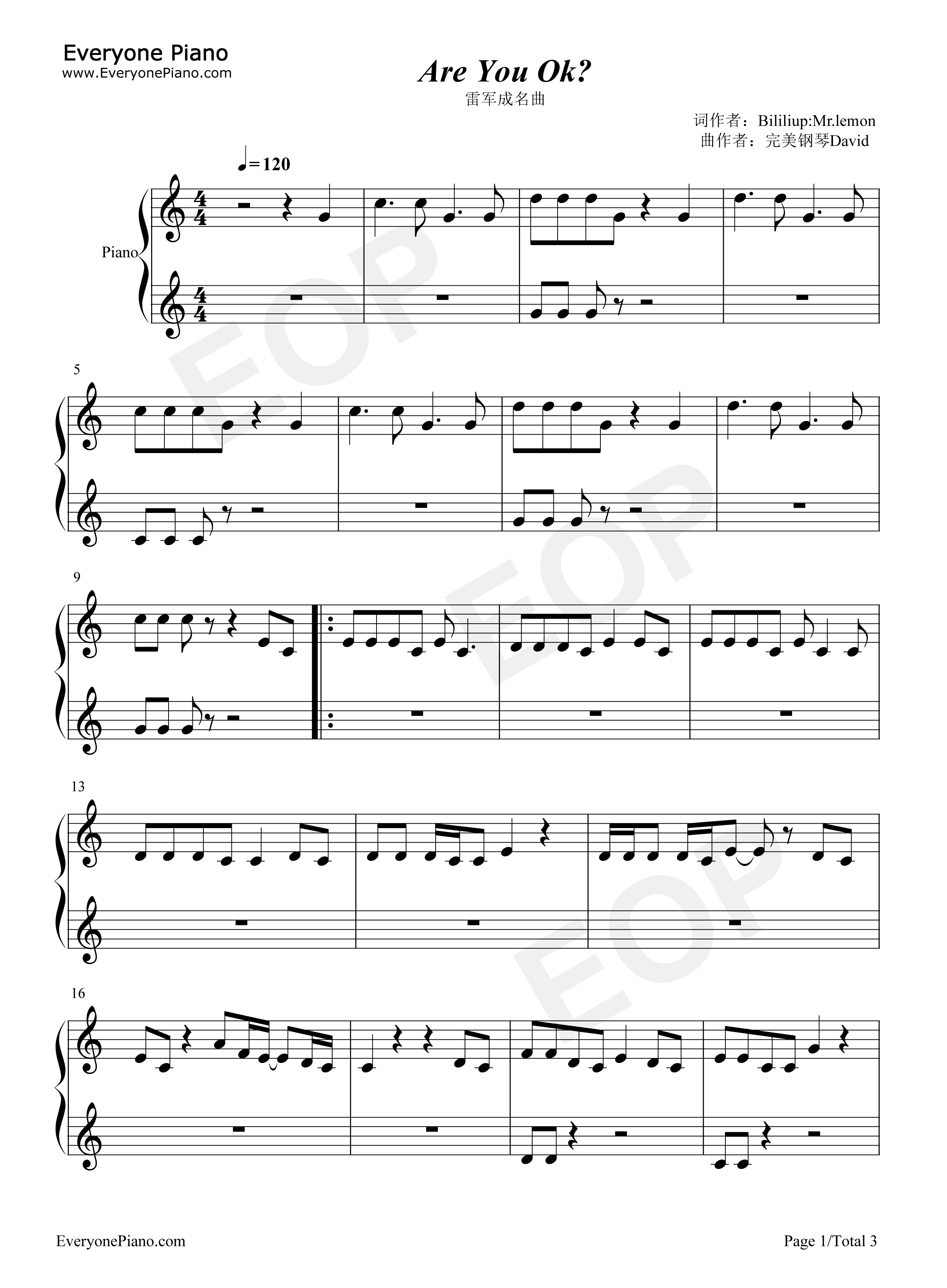 Are_you_OK钢琴谱_雷军_Lou_Bega
