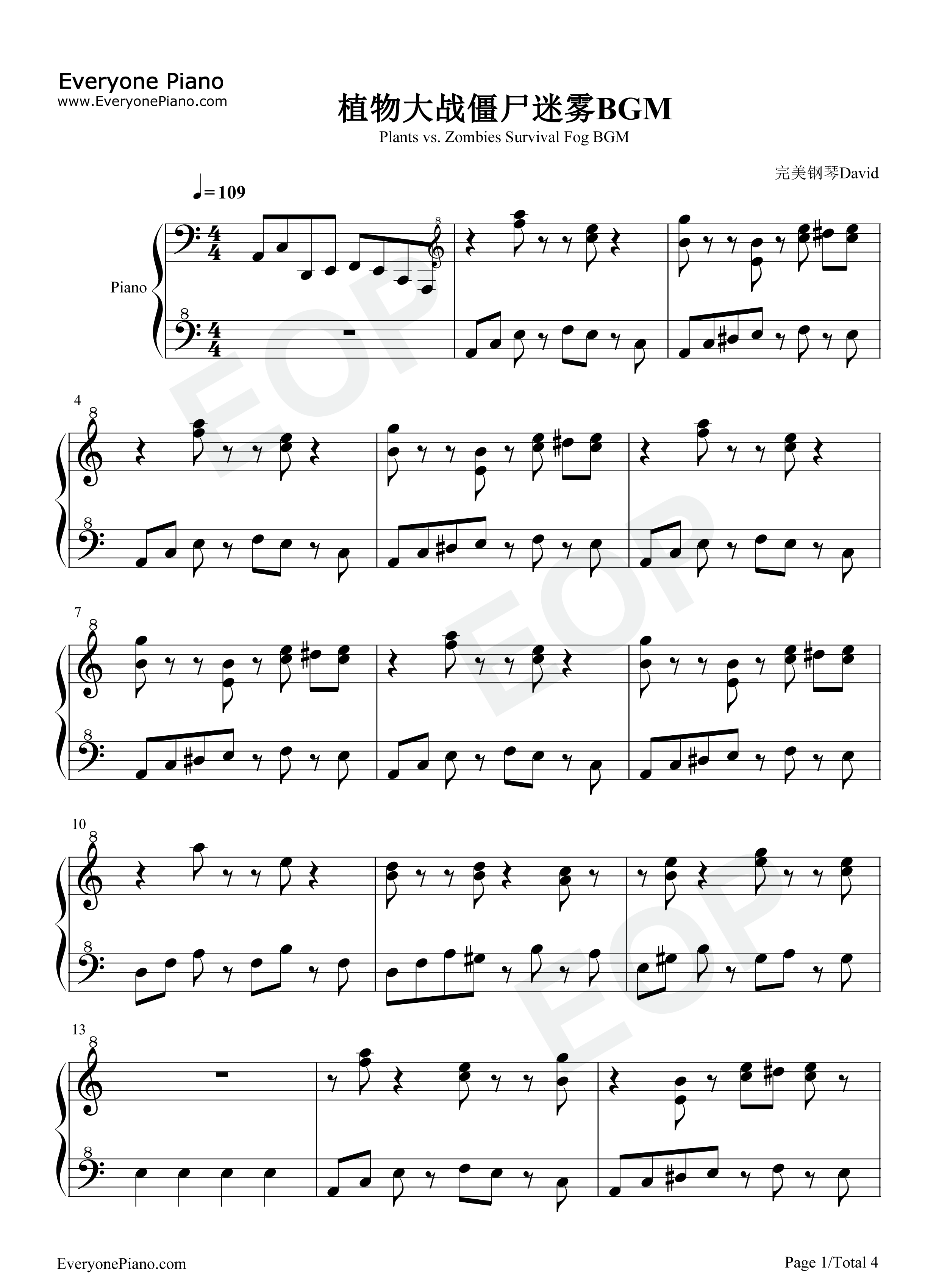 植物大战僵尸迷雾BGM钢琴谱_Laura_Shigihara