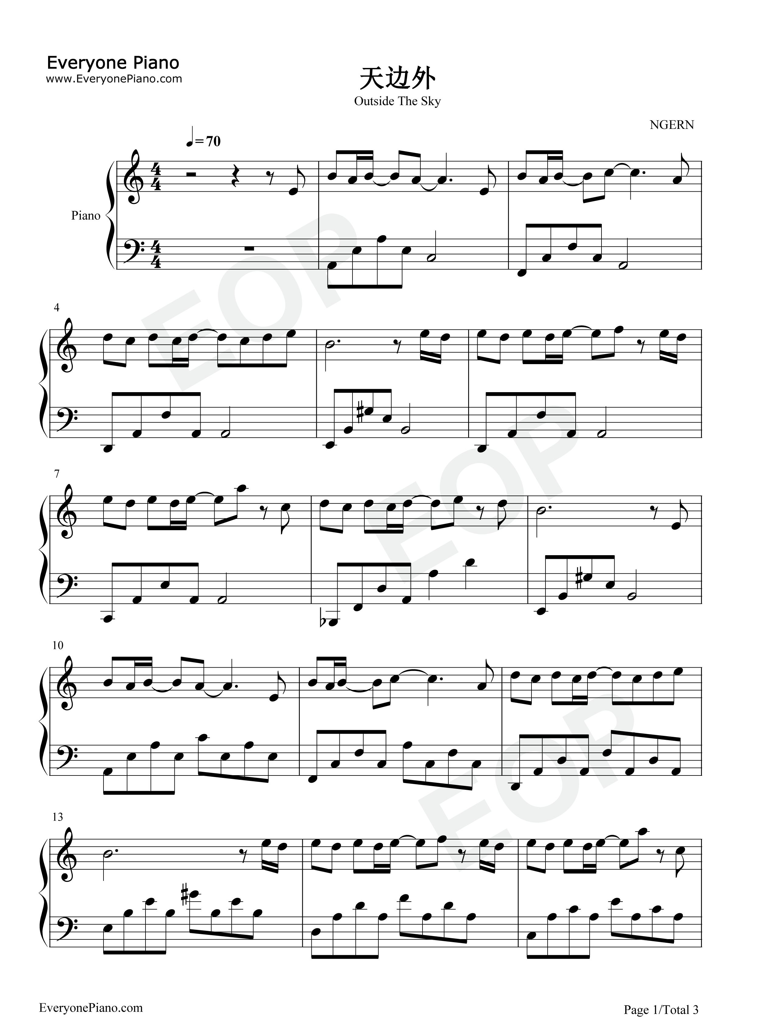 天边外钢琴谱_郑云龙