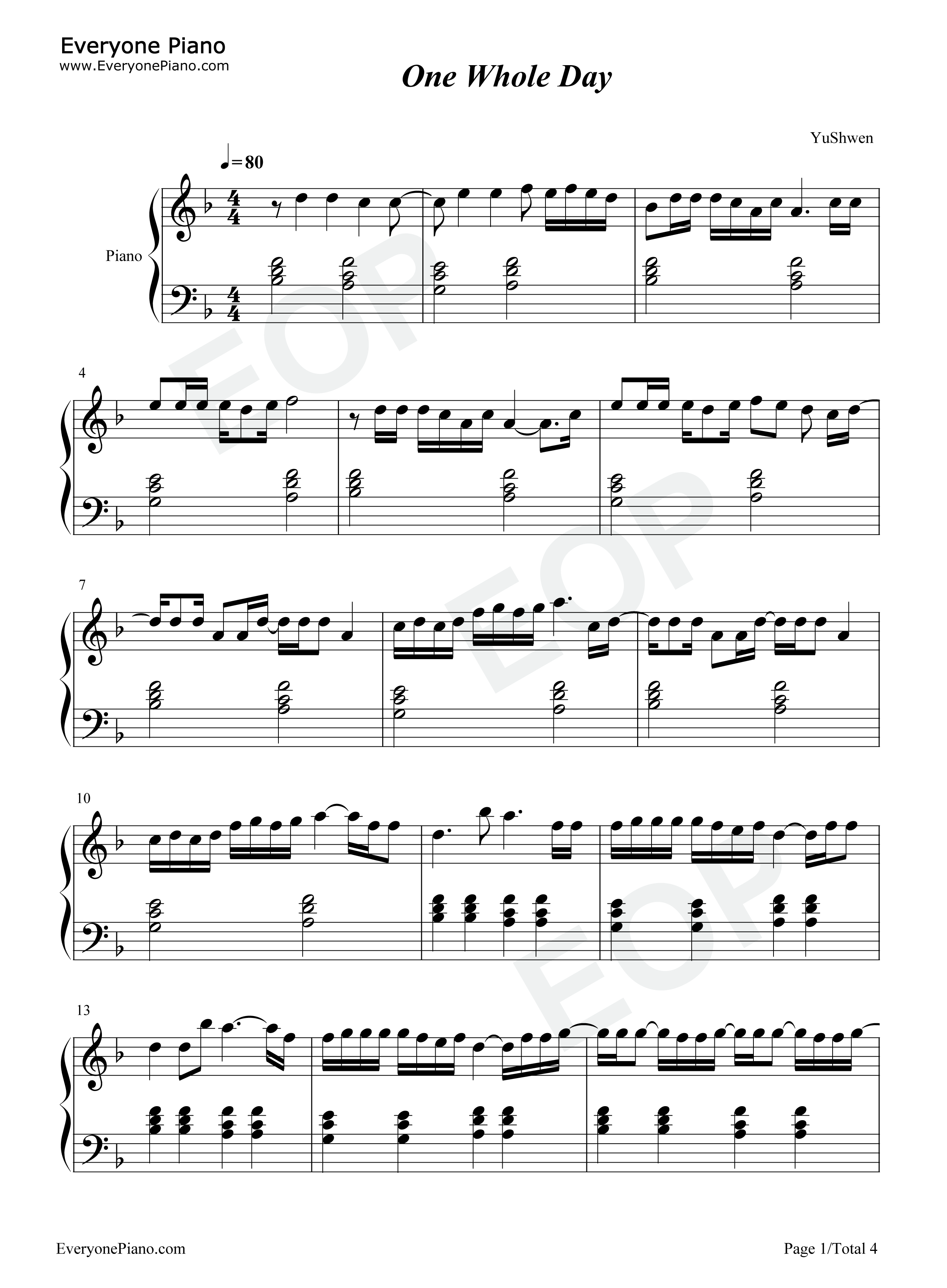 One_Whole_Day钢琴谱_Dixie_D'Amelio_Wiz_Khalifa