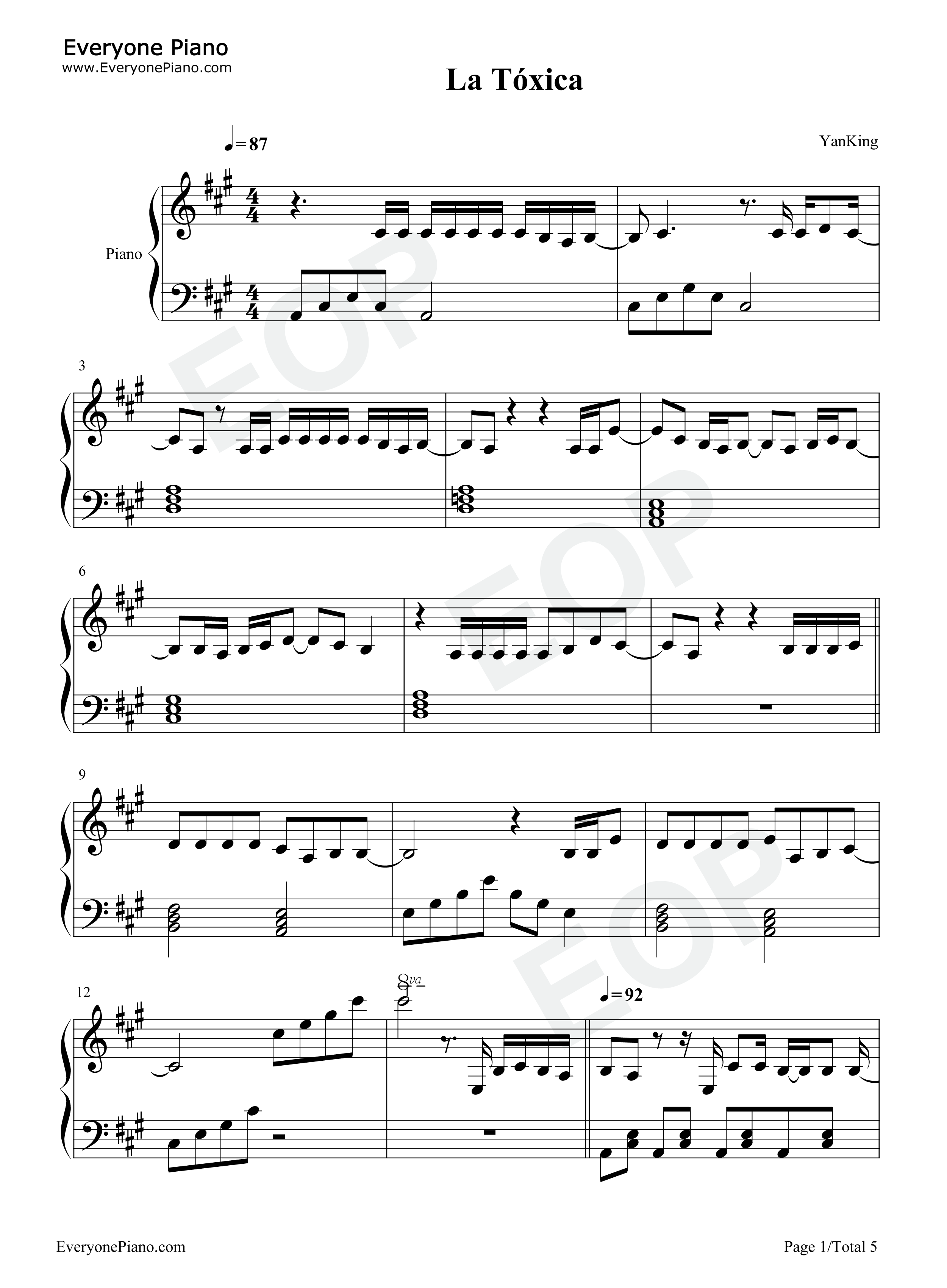 La_Toxica钢琴谱_Farruko