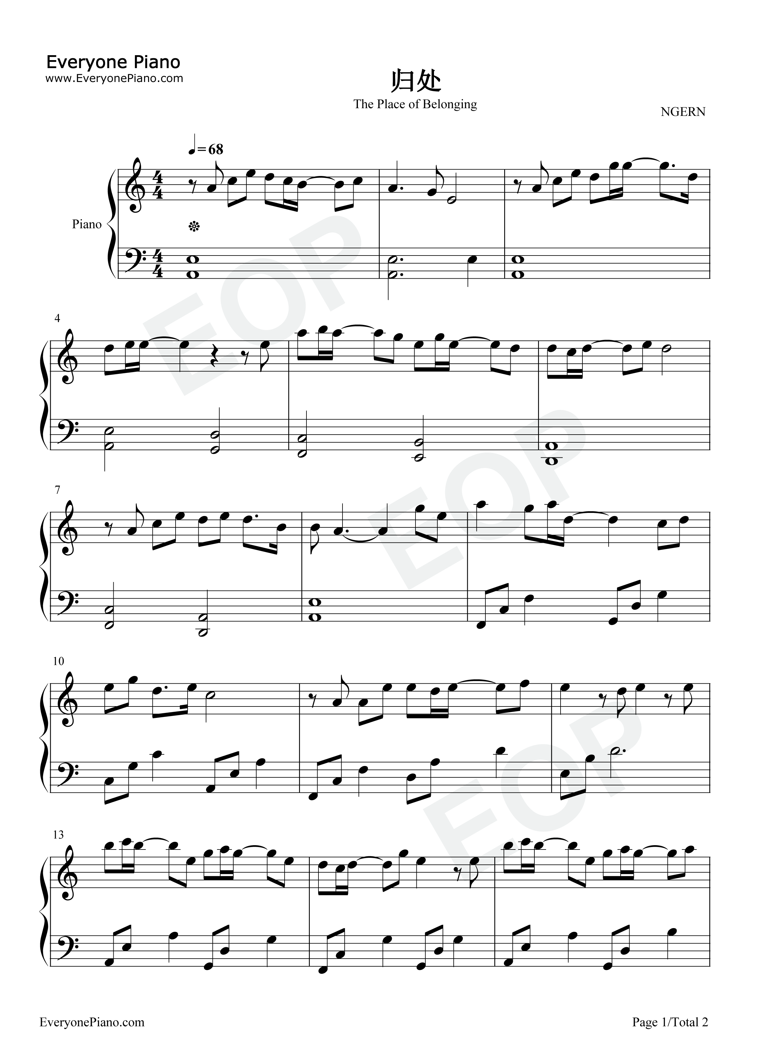 归处钢琴谱_周深