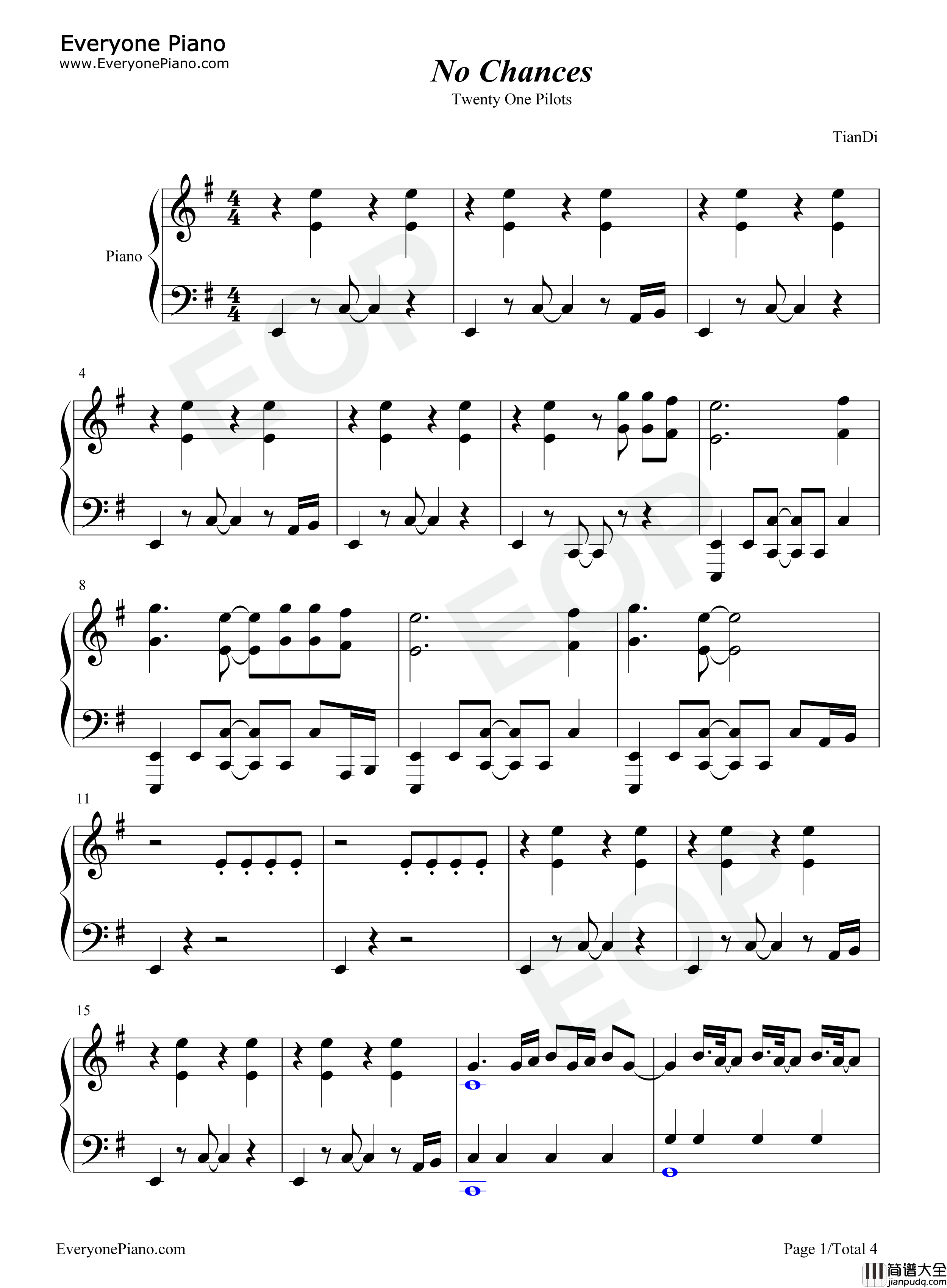 No_Chances钢琴谱_Twenty_One_Pilots