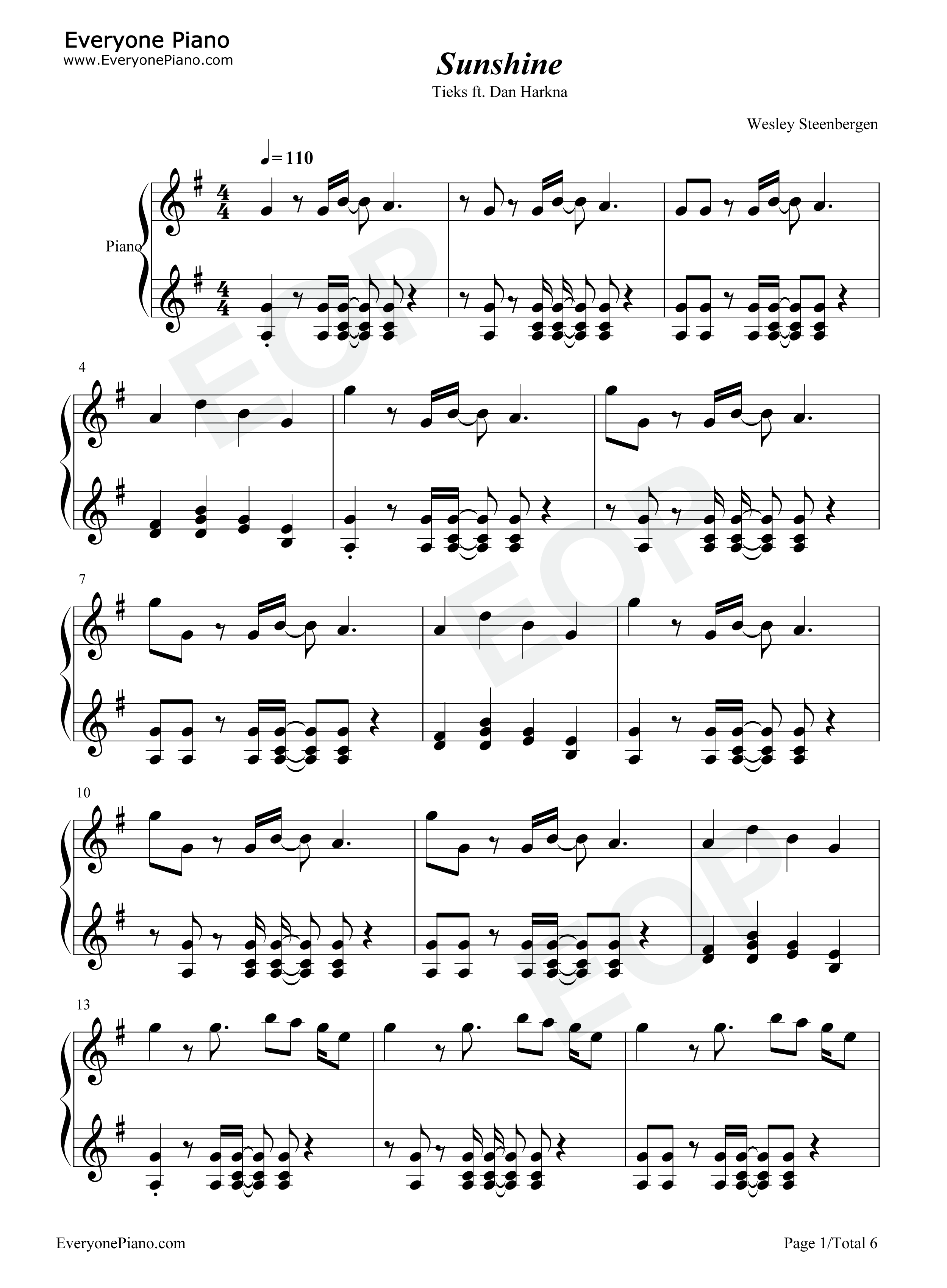 Sunshine钢琴谱_Tieks_Dan_Harkna