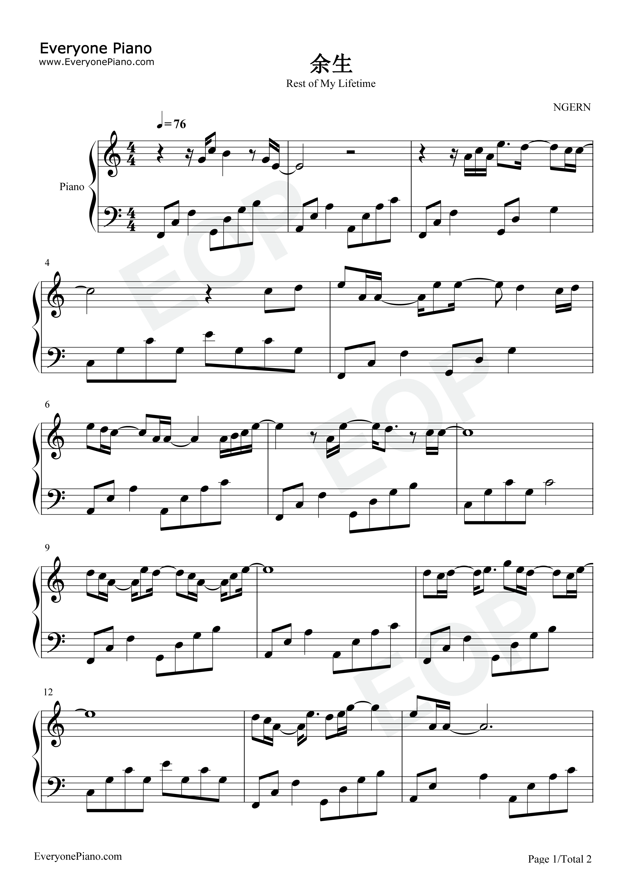 余生钢琴谱_池约翰C.J