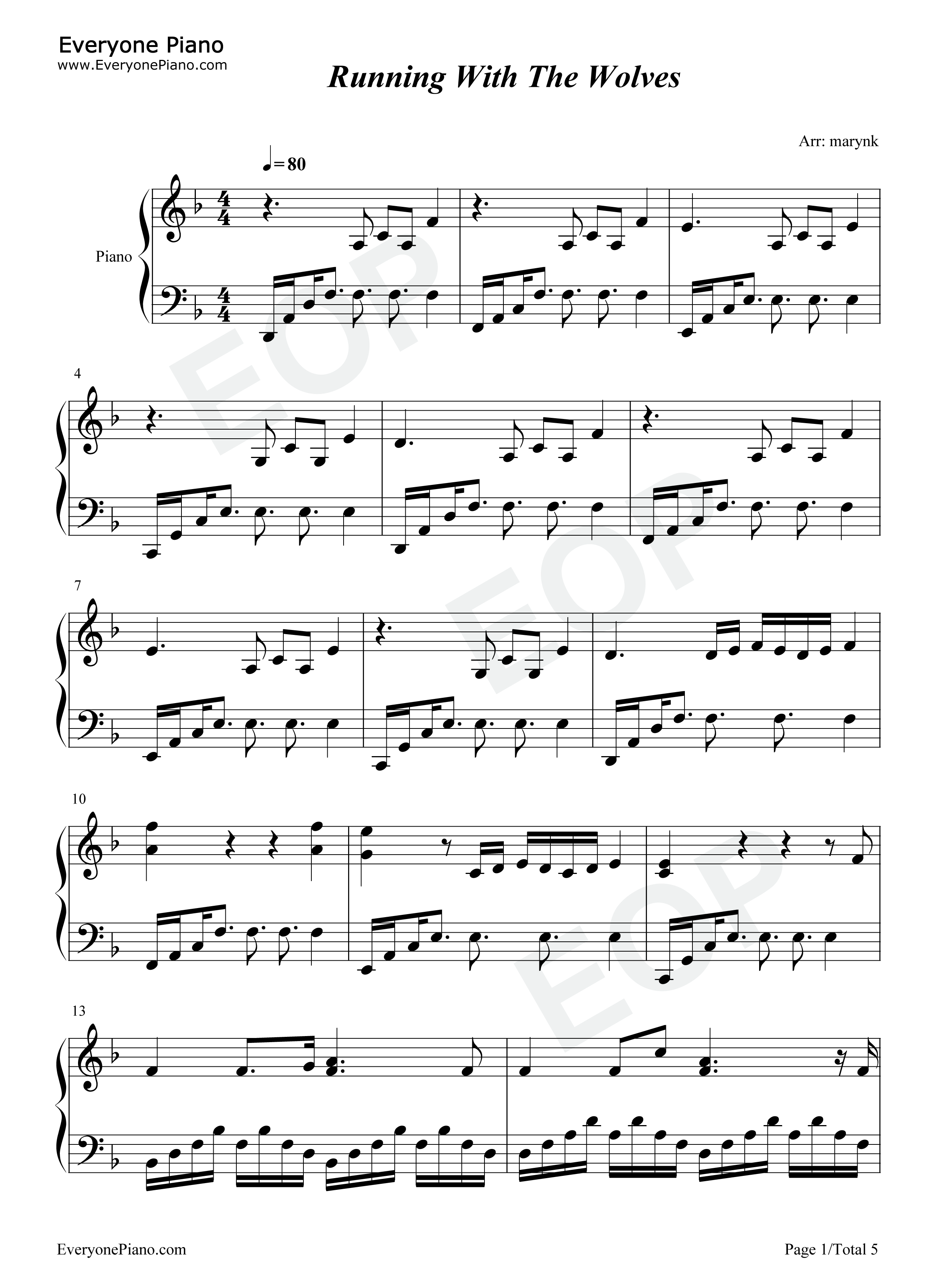 Running_with_the_Wolves钢琴谱_Aurora