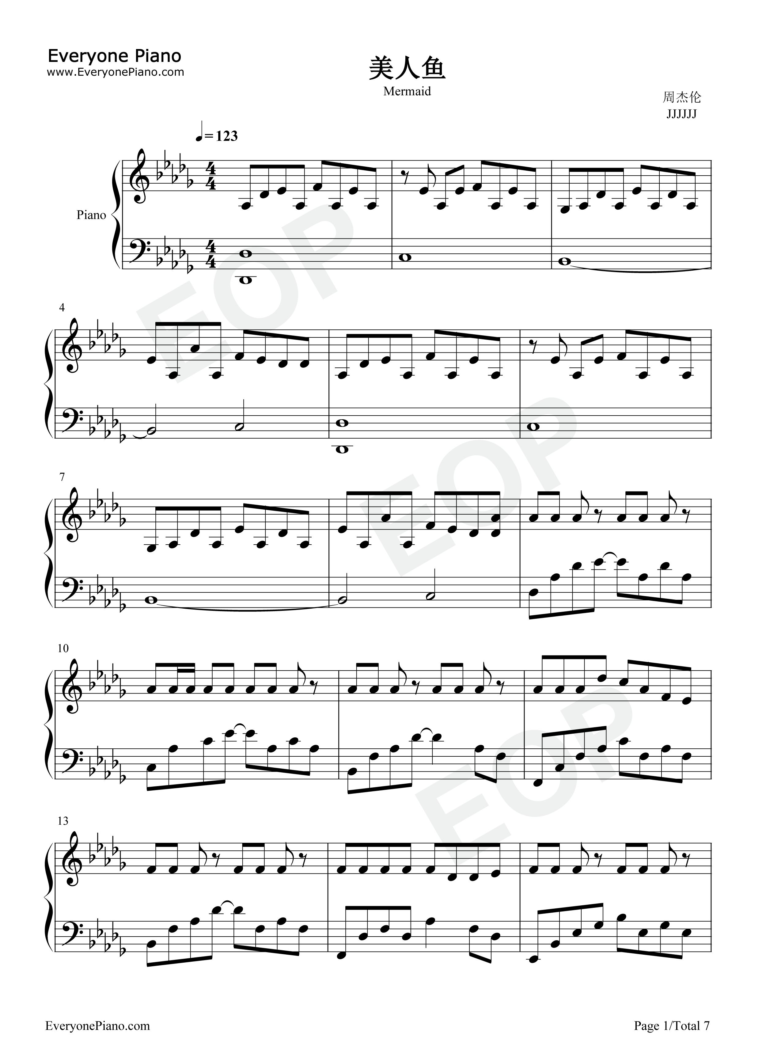 美人鱼钢琴谱_周杰伦