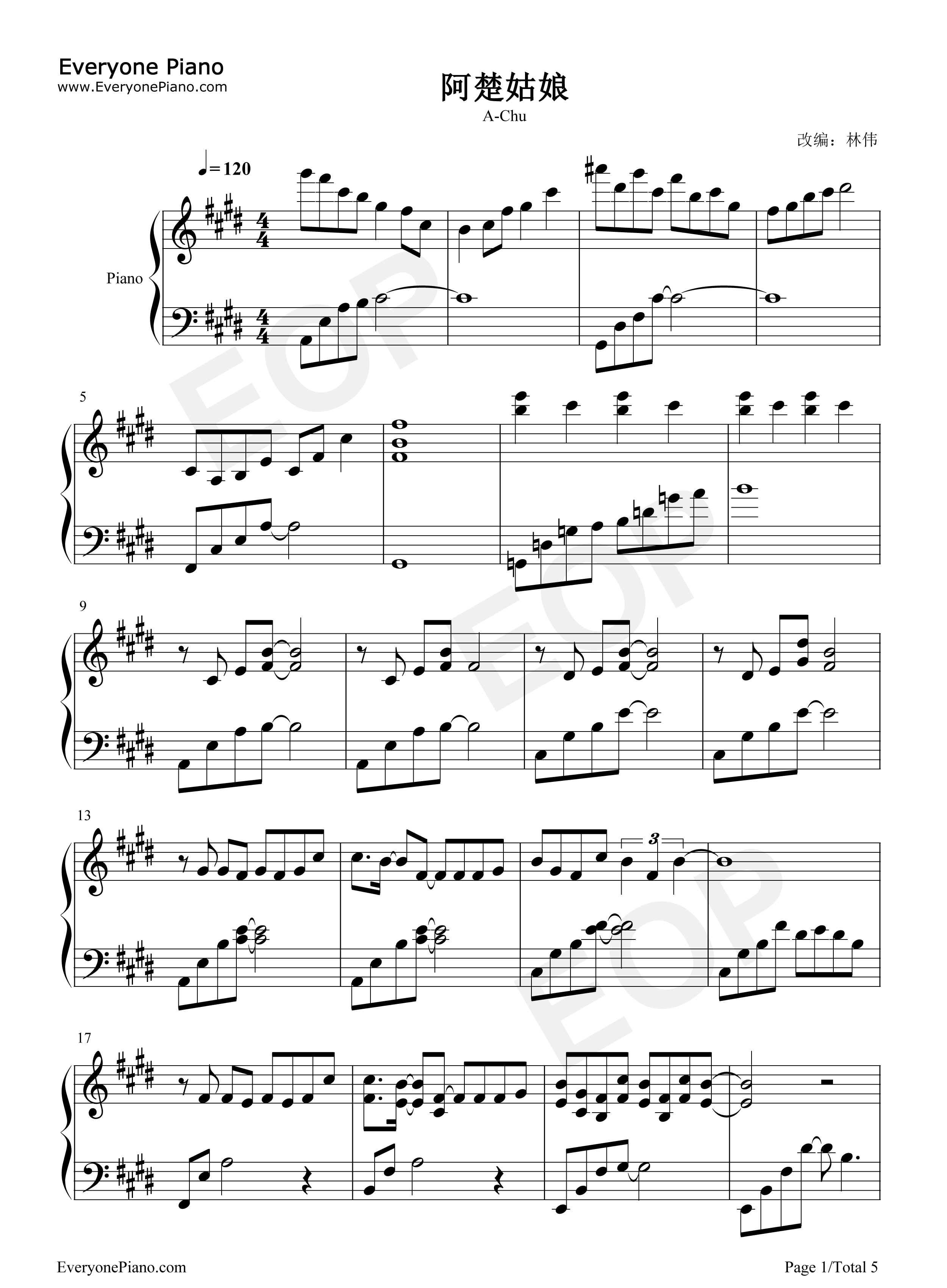 阿楚姑娘钢琴谱_梁凡