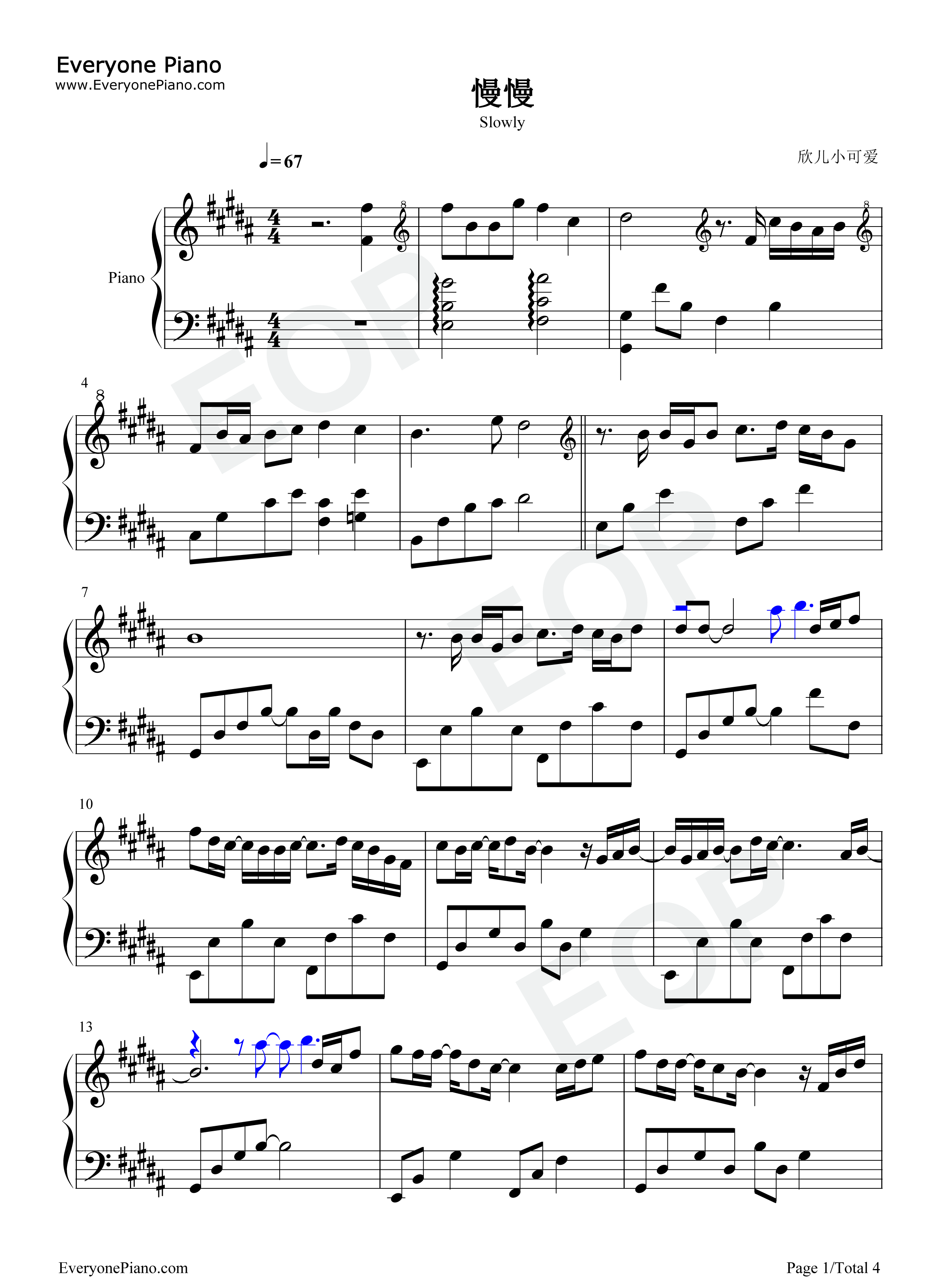 慢慢钢琴谱_Uu