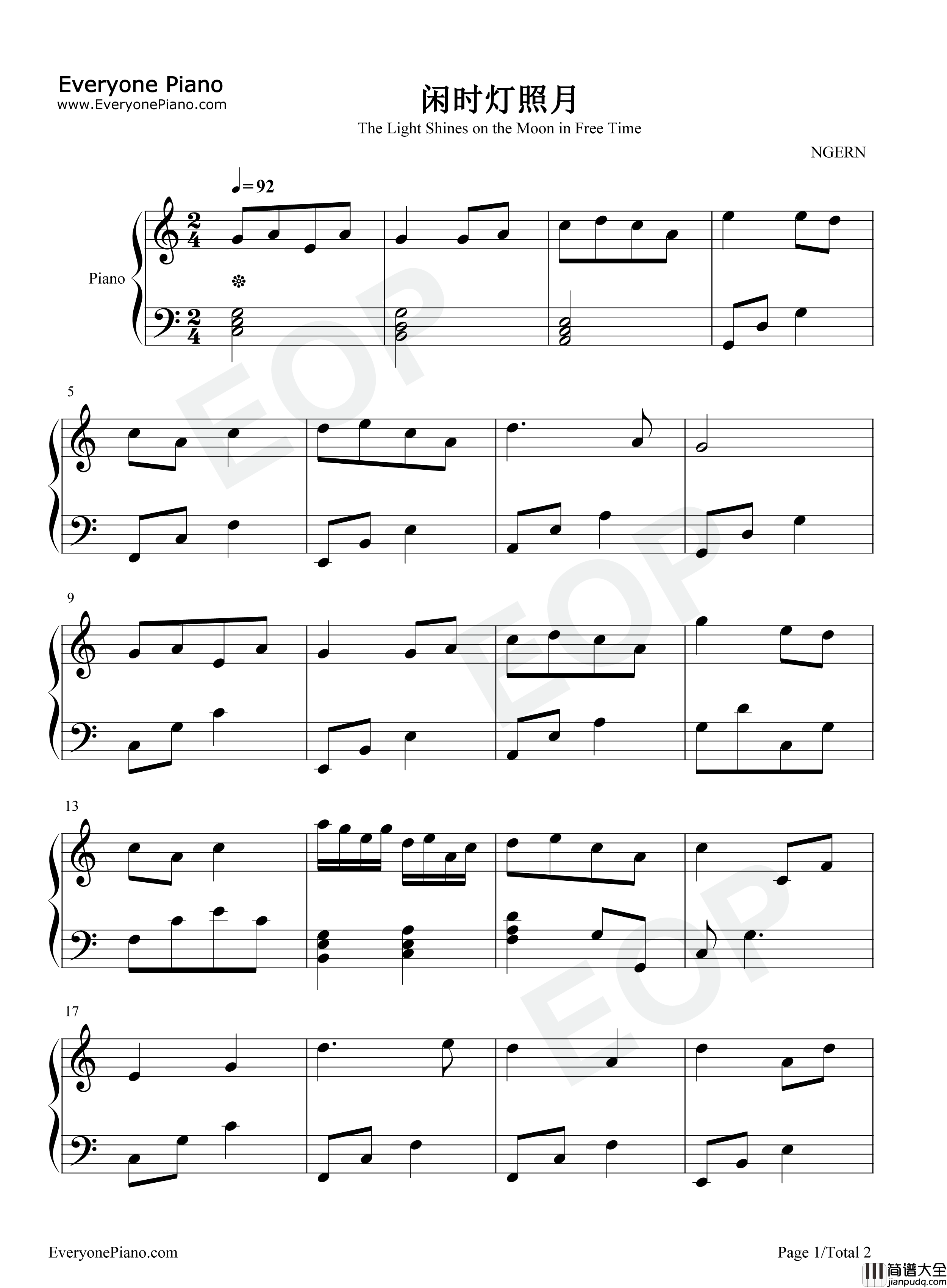 闲时灯照月钢琴谱_Winky诗_知性的小方块