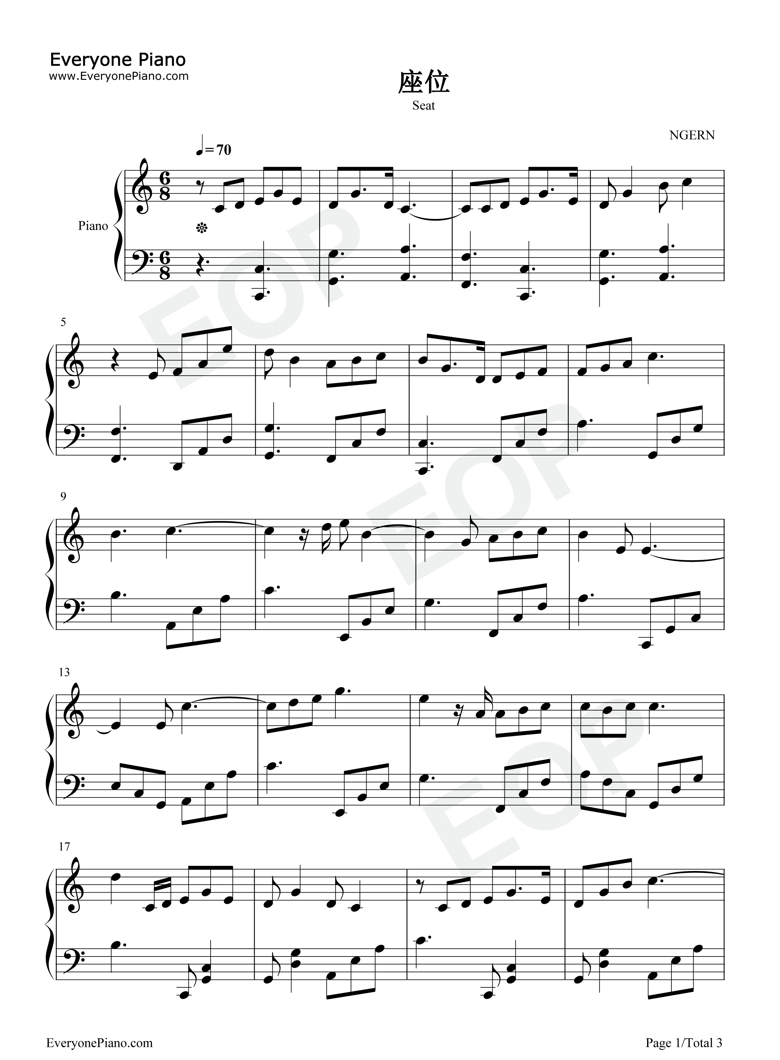 座位钢琴谱_金池