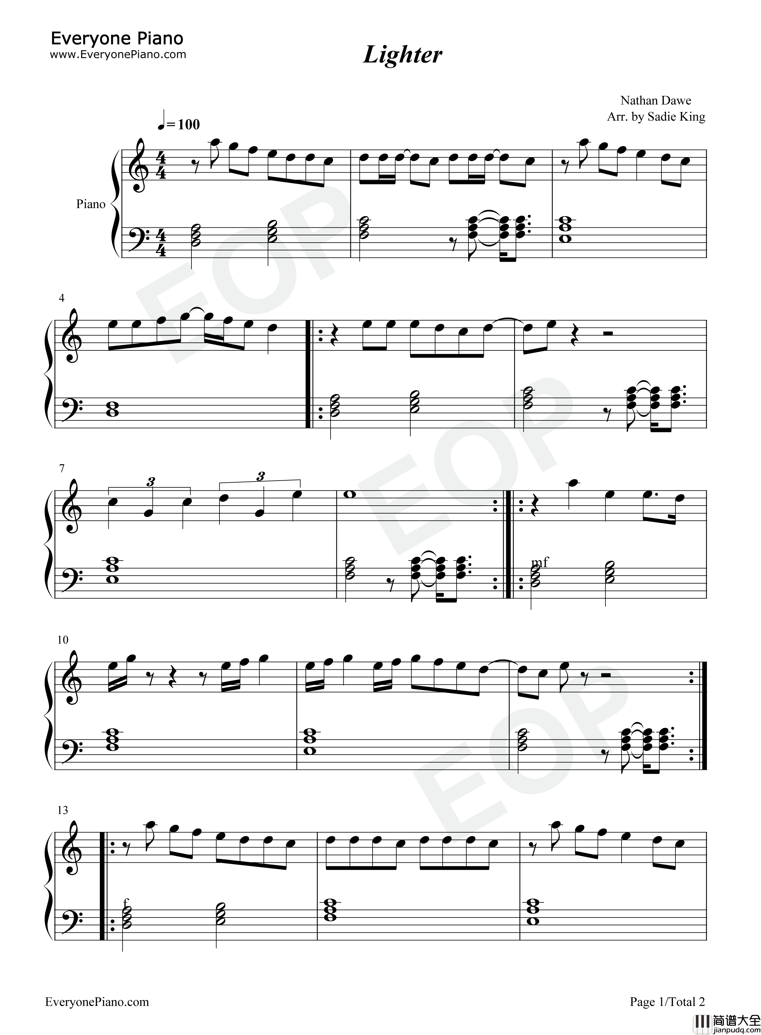 Lighter钢琴谱_Nathan_Dawe_KSI