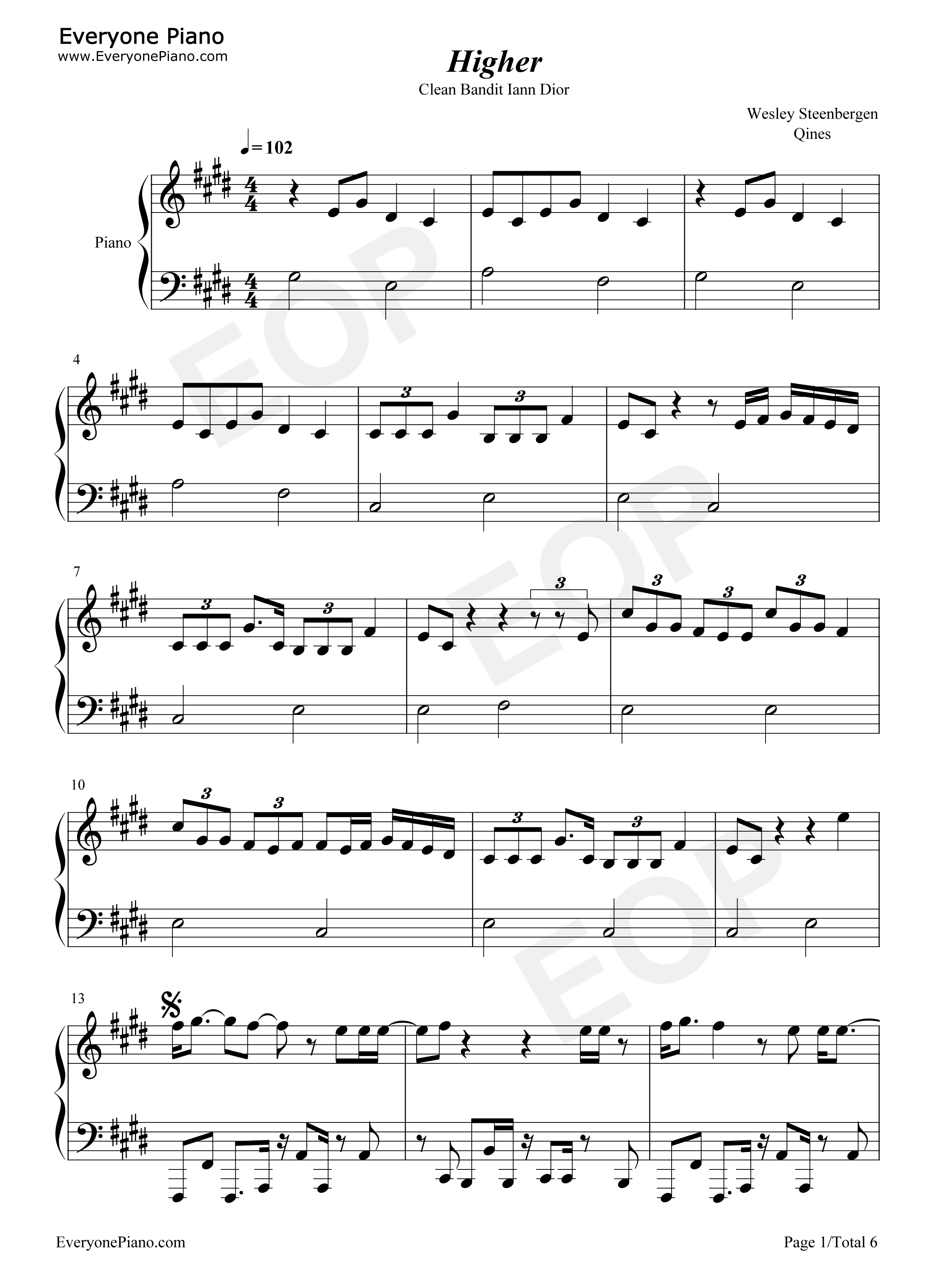 Higher钢琴谱_Clean_Bandit_Iann_Dior