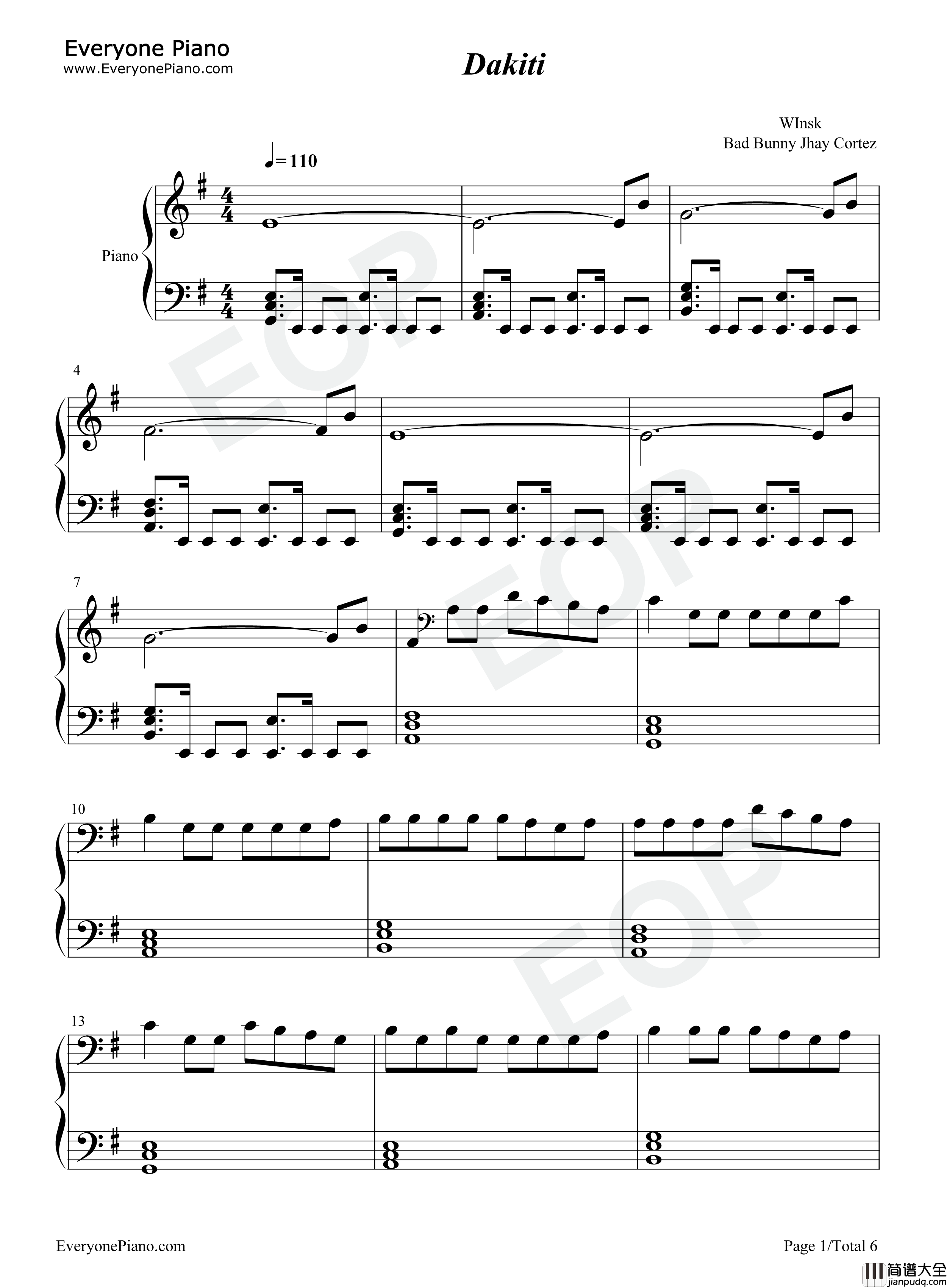 Dakiti钢琴谱_Bad_Bunny_Jhay_Cortez