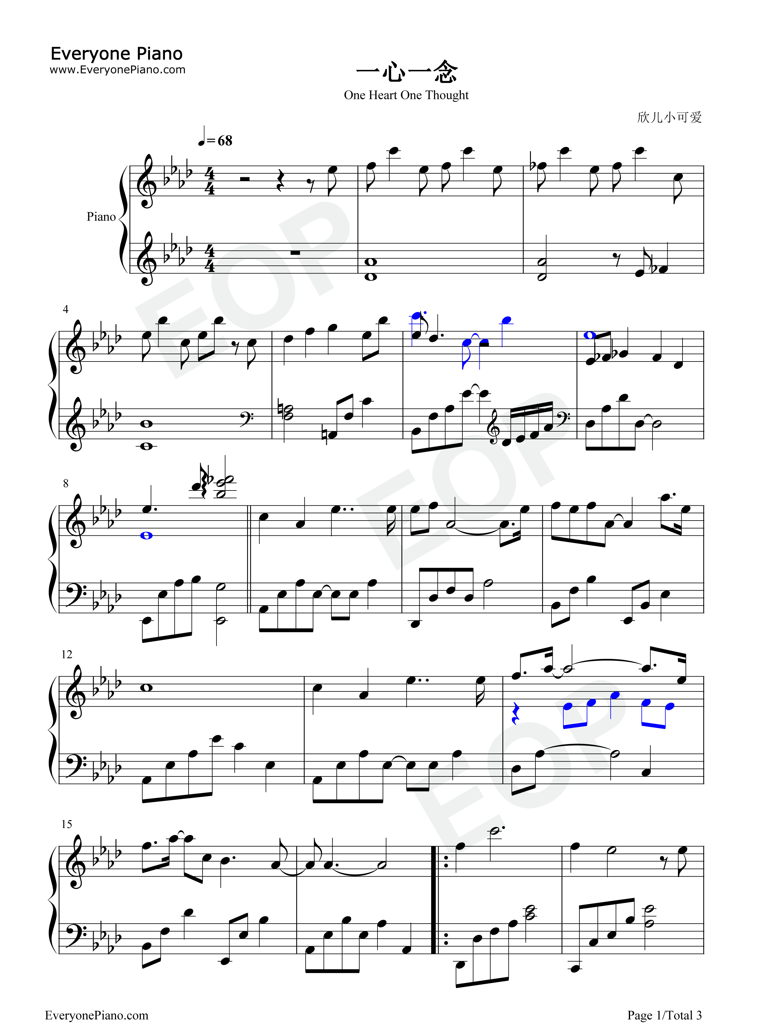 一心一念钢琴谱_欧阳娜娜