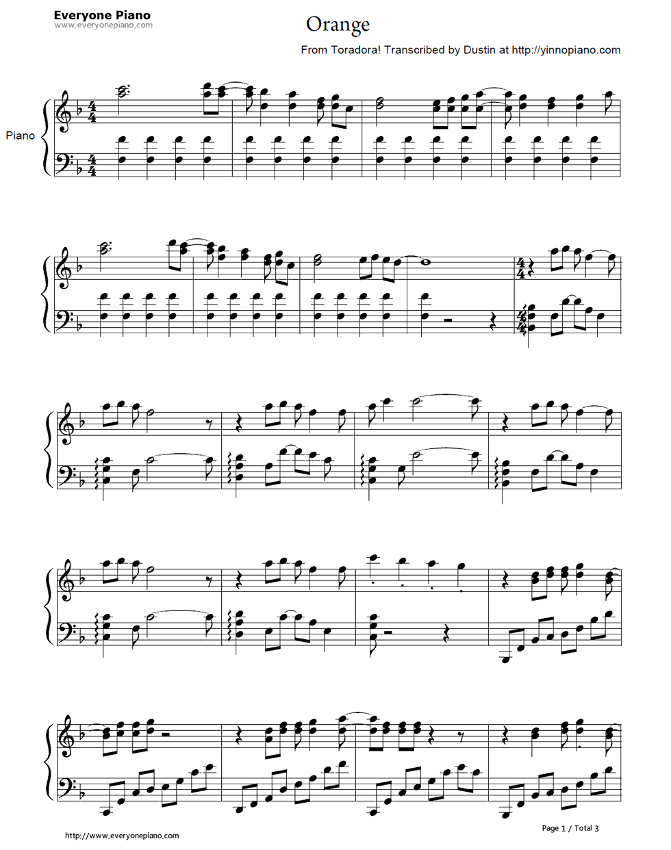オレンジ钢琴谱_钉宫理恵&堀江由衣&喜多村英梨