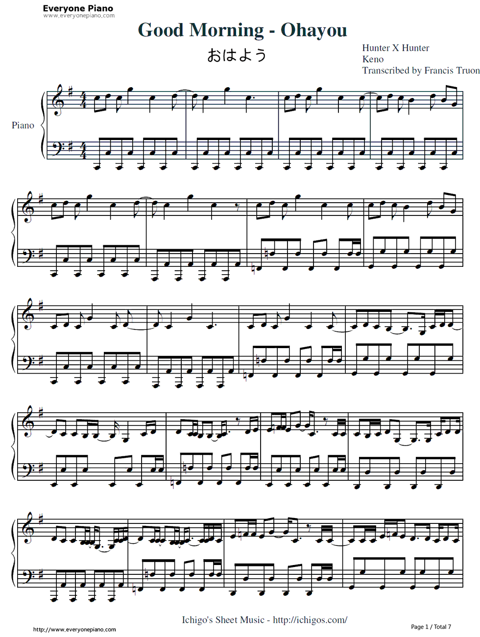 おはよう钢琴谱_Keno