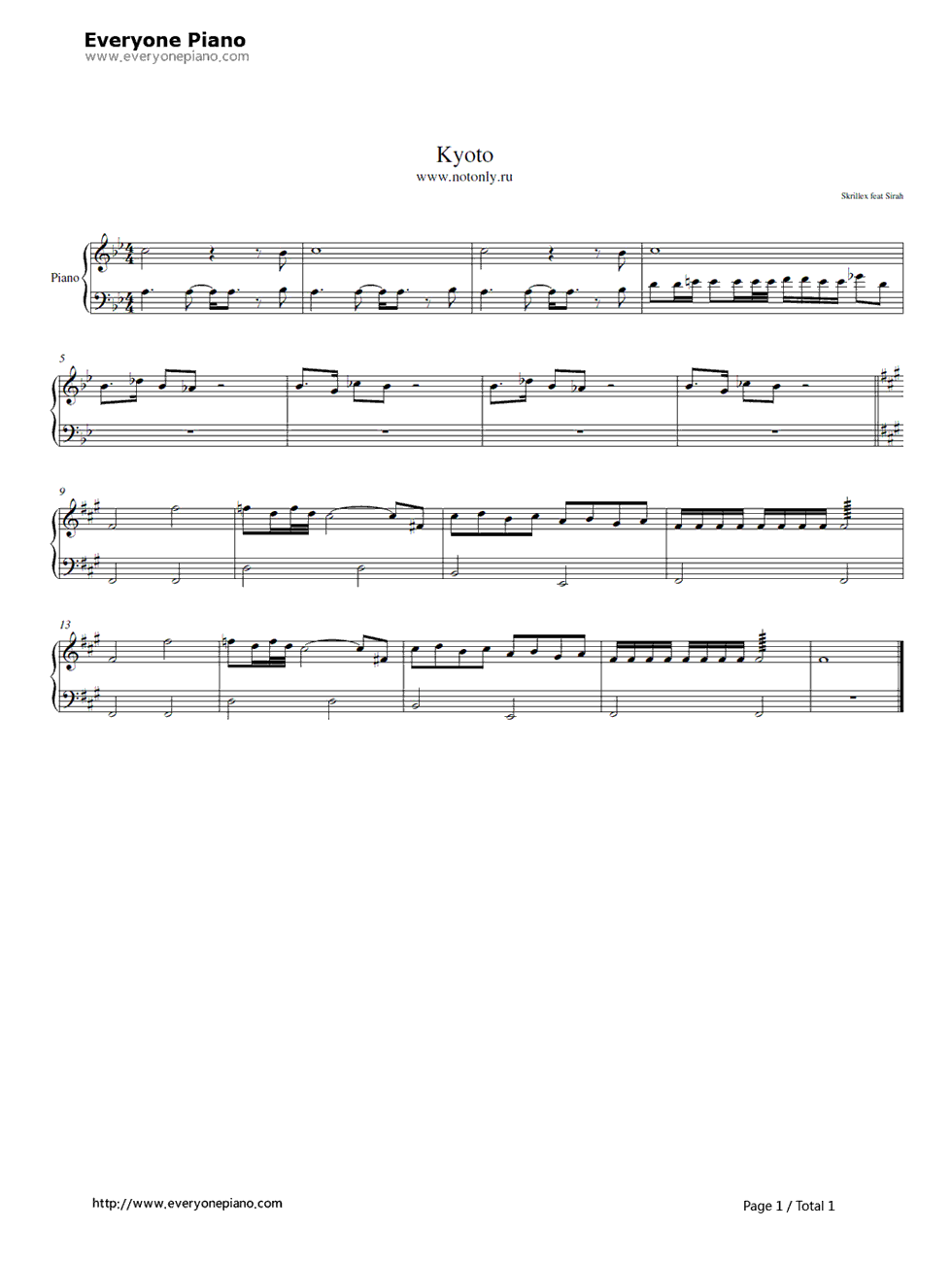 Kyoto钢琴谱_Skrillex_Feat._Sirah