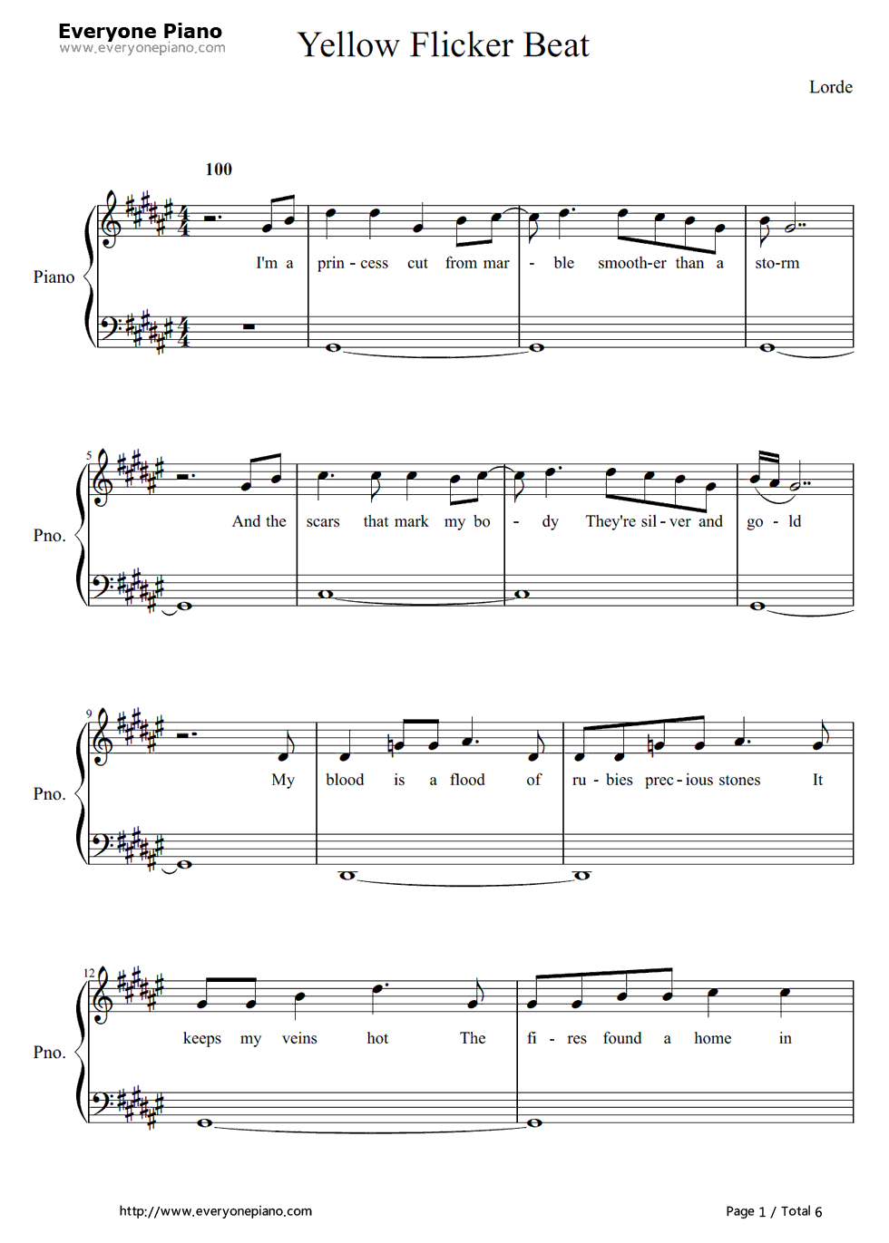 Yellow_Flicker_Beat钢琴谱_Lorde