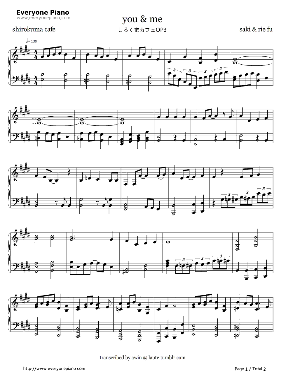 You_&_Me钢琴谱_纱希_&_Rie_fu