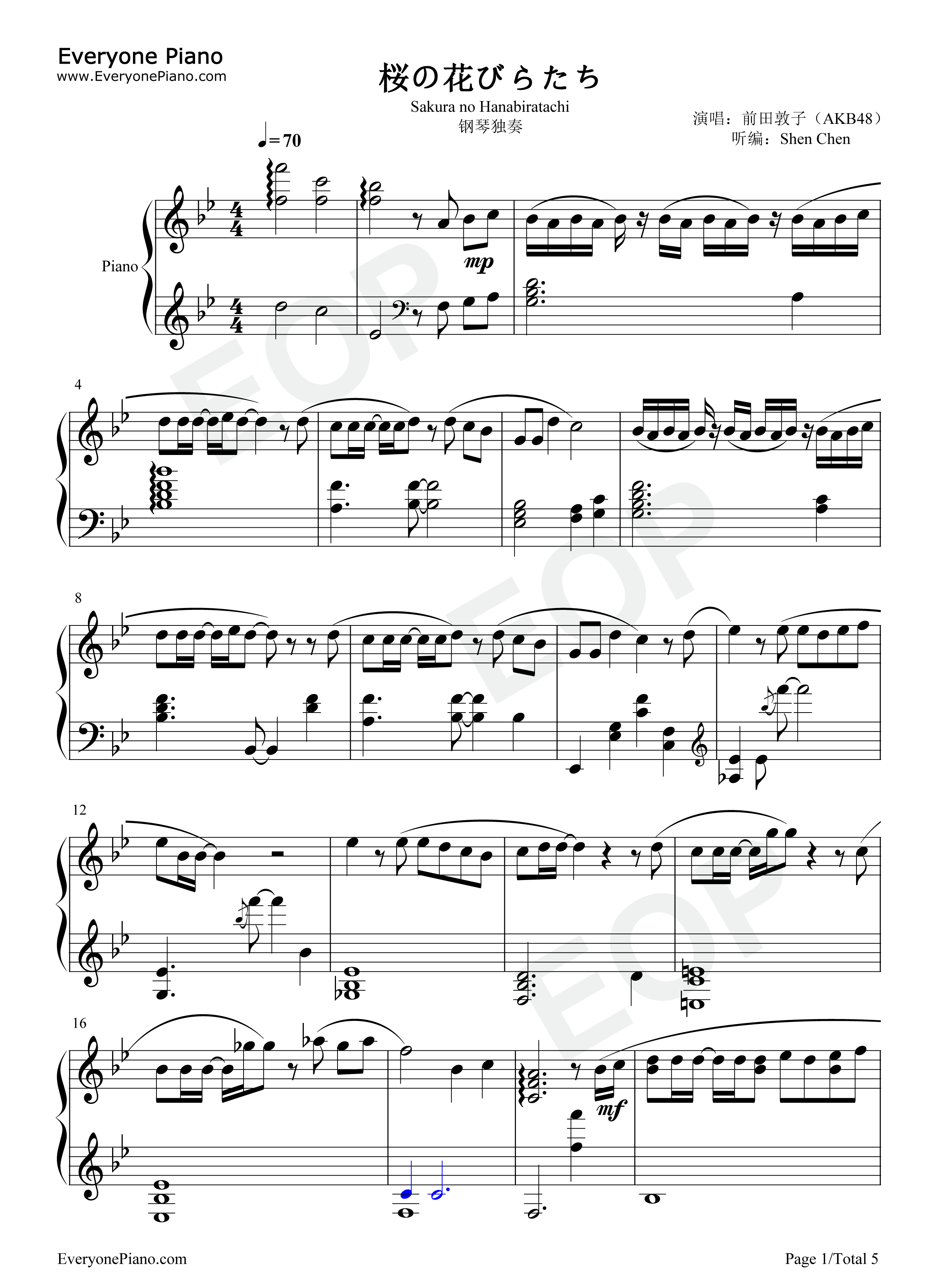 桜の花びらたち钢琴谱_AKB48