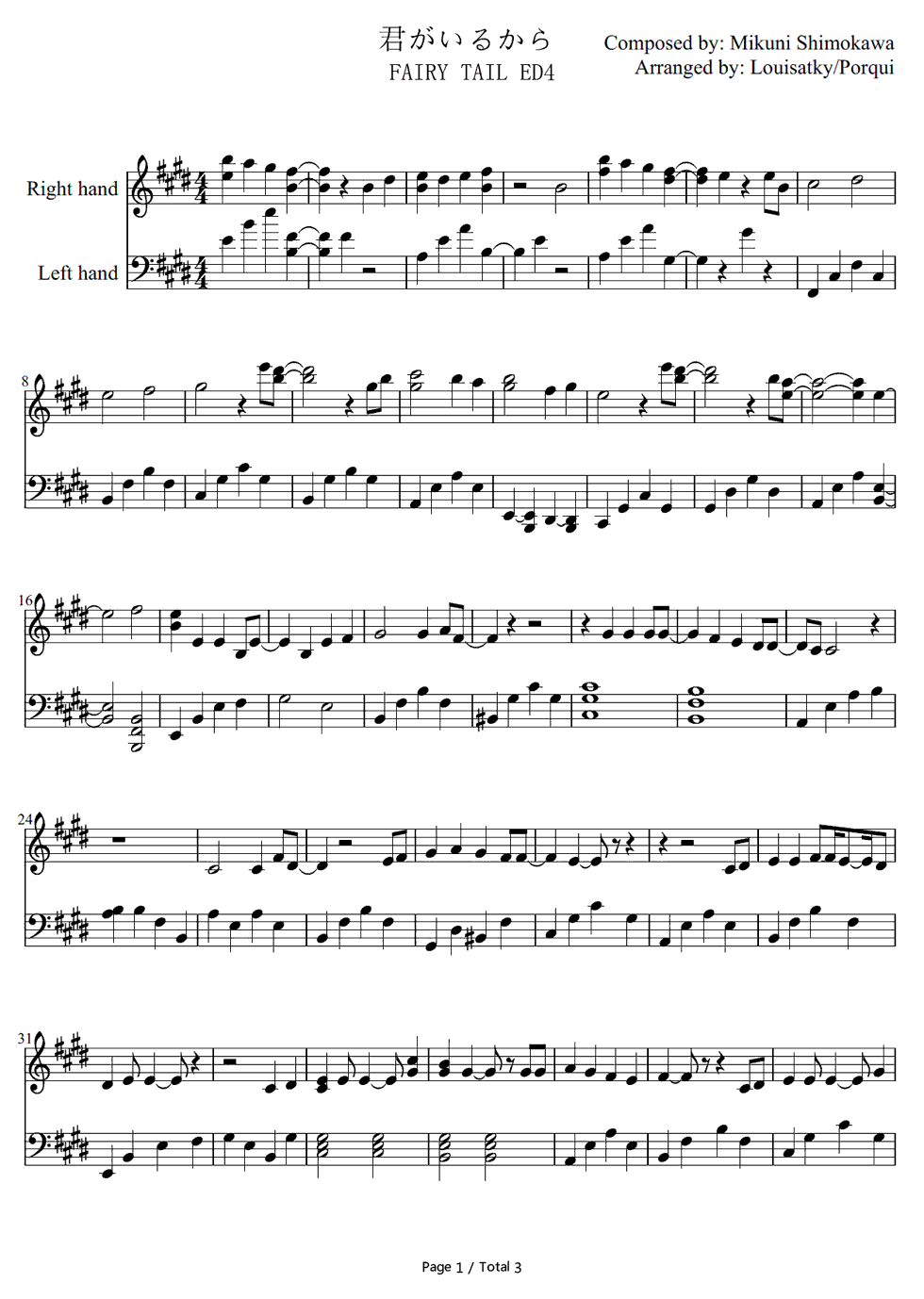 君がいるから钢琴谱_下川美娜（下川みくに）