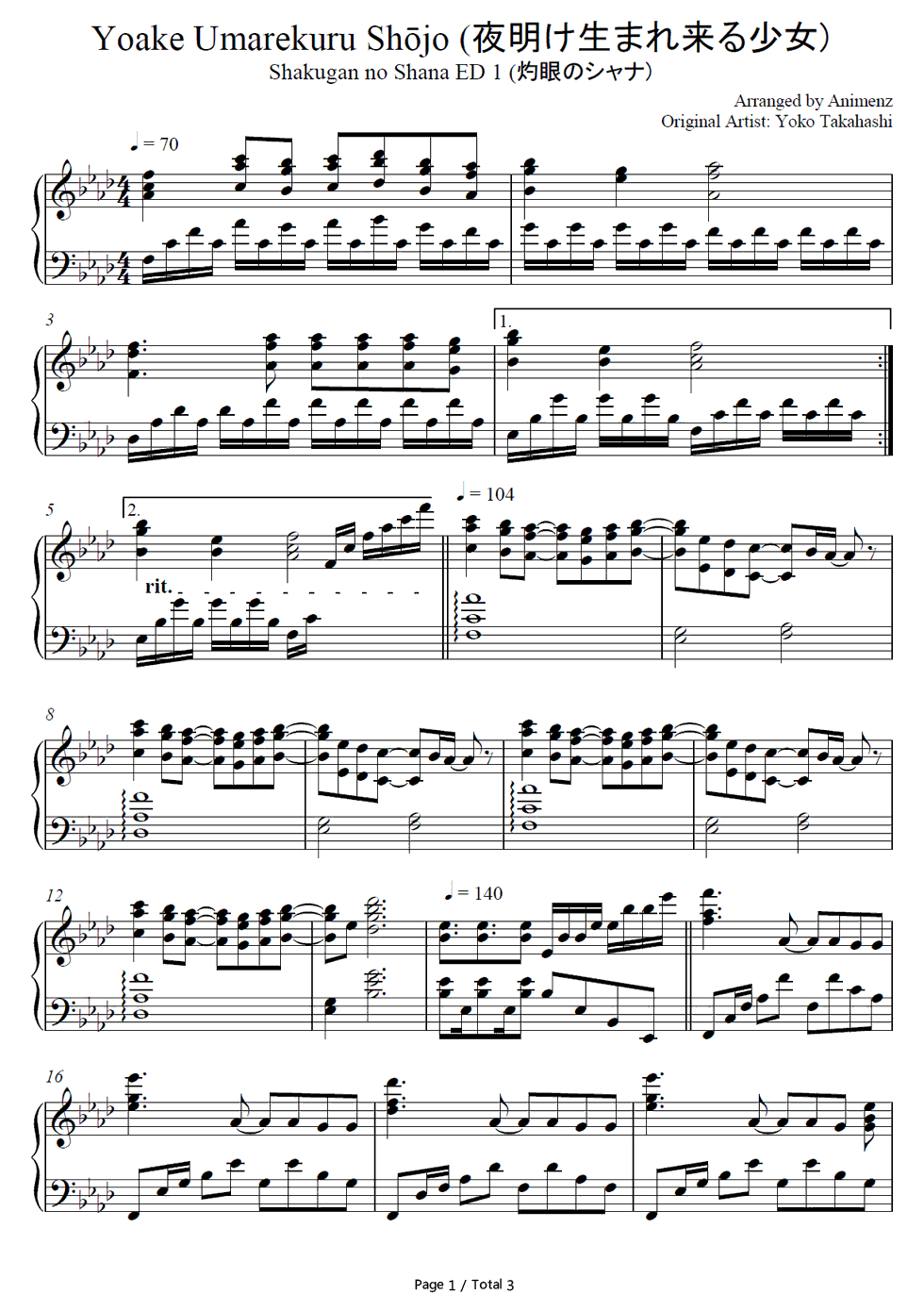 夜明け生まれ来る少女钢琴谱_高桥洋子