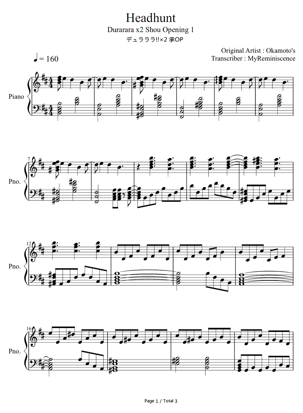 HEADHUNT钢琴谱_OKAMOTO'S