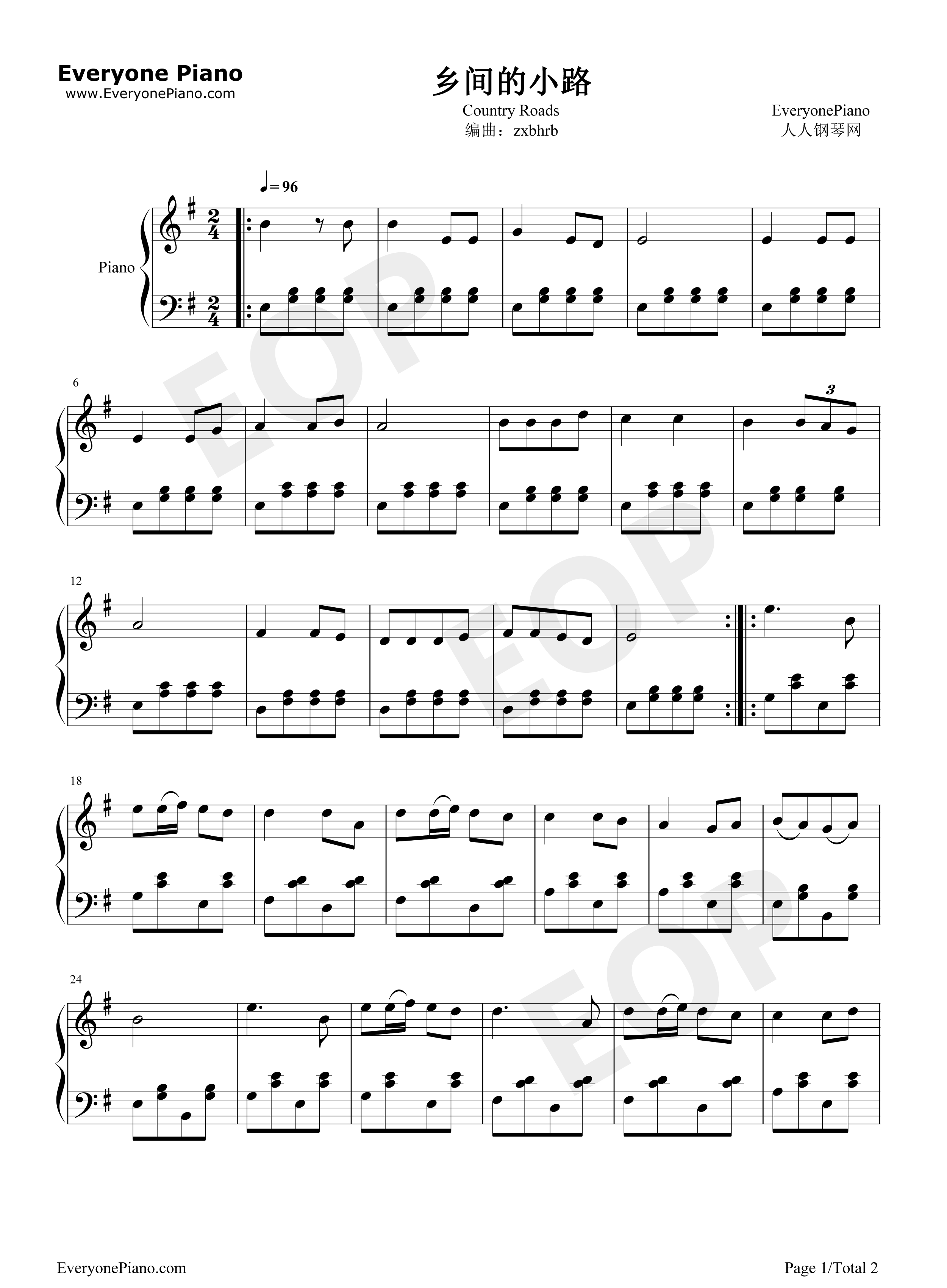 乡间的小路钢琴谱_叶佳修