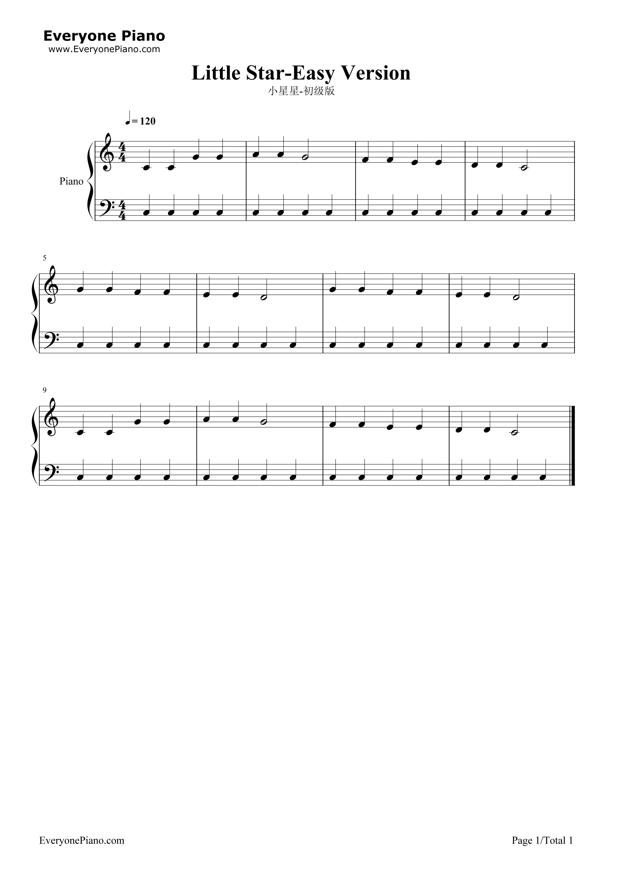 小星星初级版钢琴谱_法国民谣