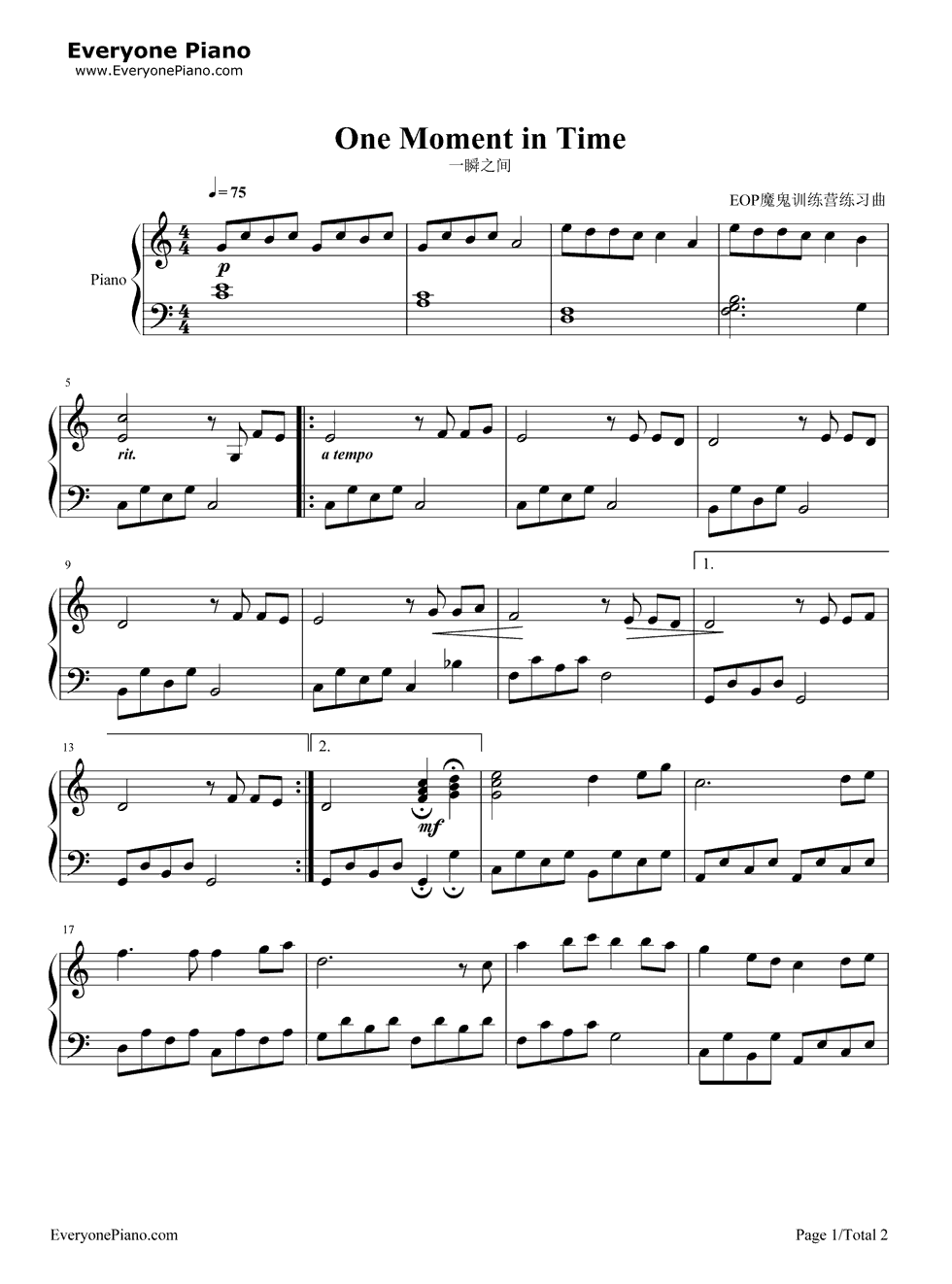 One_Moment_in_Time钢琴谱_Whitney_Houston