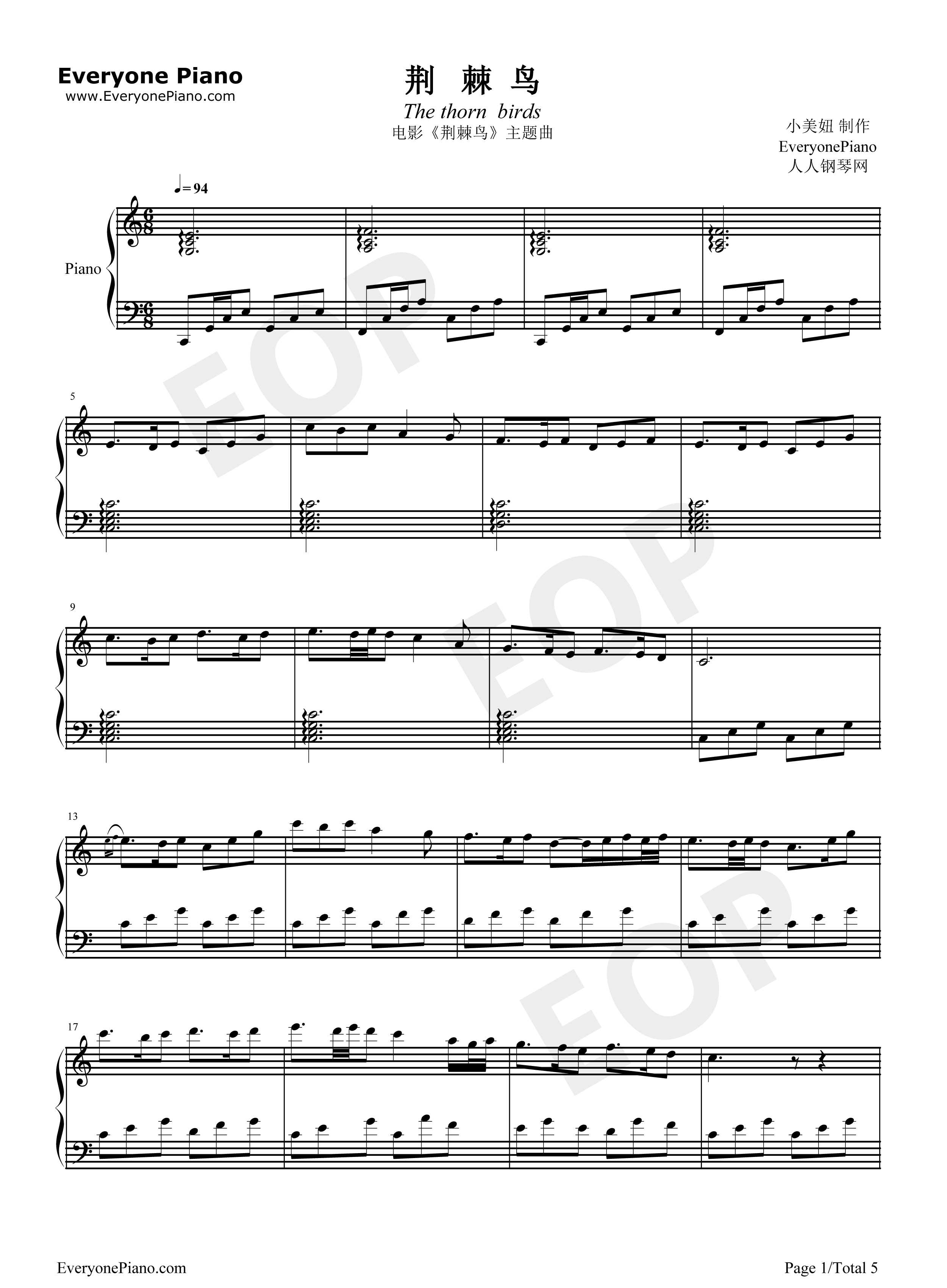 荆棘鸟主题曲钢琴谱_Henry_Mancini