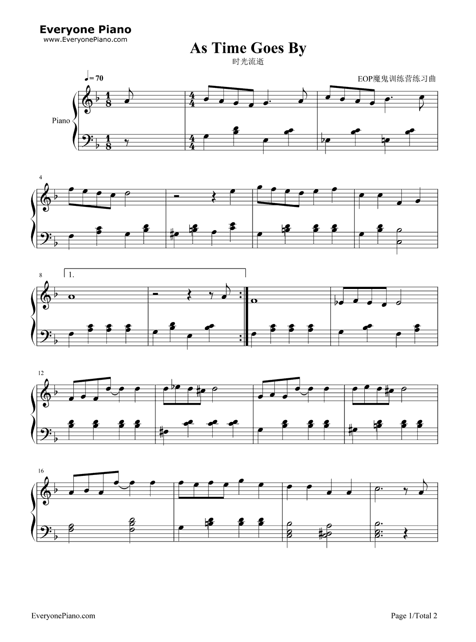 随时光流逝钢琴谱_Herman_Hupfeld