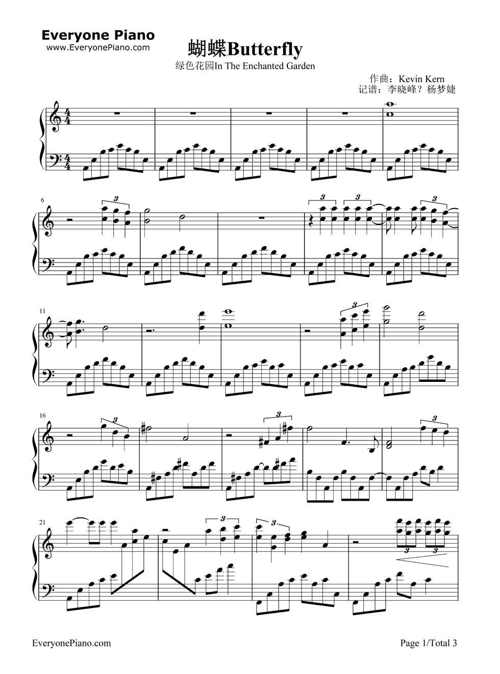 Butterfly钢琴谱_Kevin_Kern