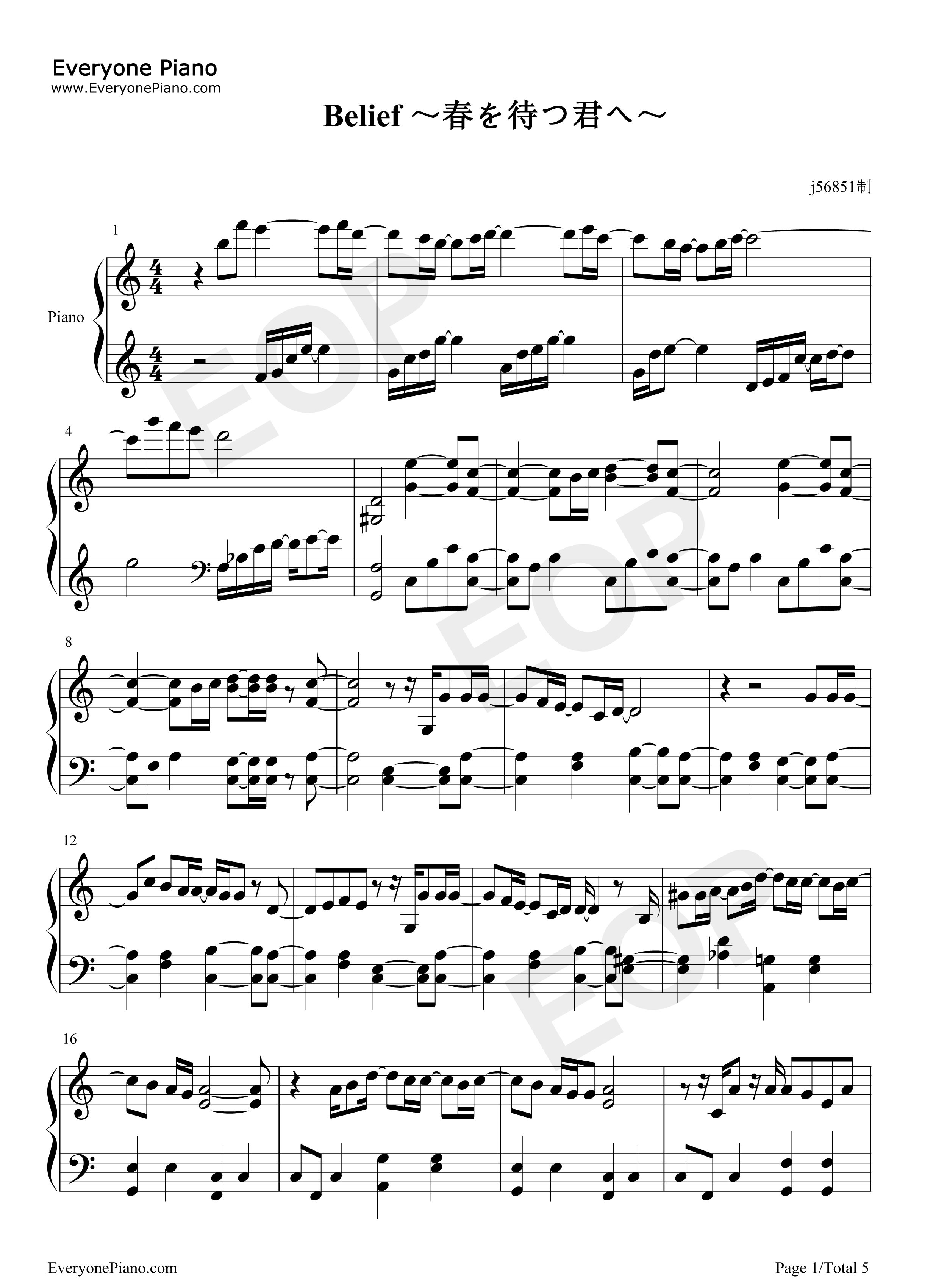 Belief_～春を待つ君へ～钢琴谱_flumpool×Mayday